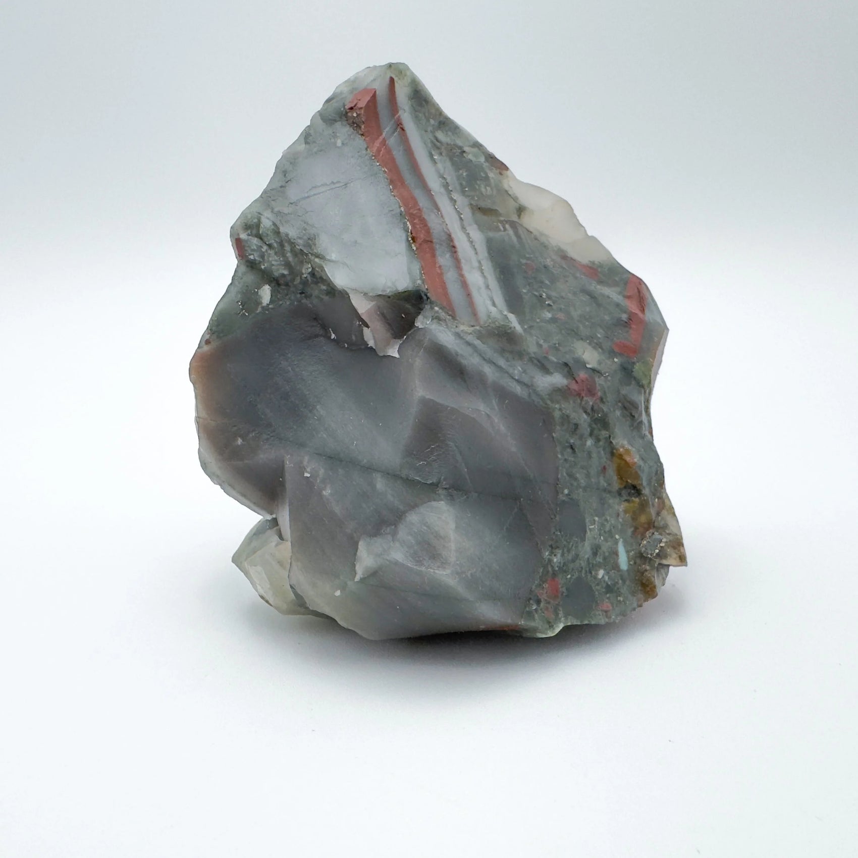 Top angle of Grade AA Bloodstone specimen, sourced from Hhohho, Eswatini, showing natural patina.