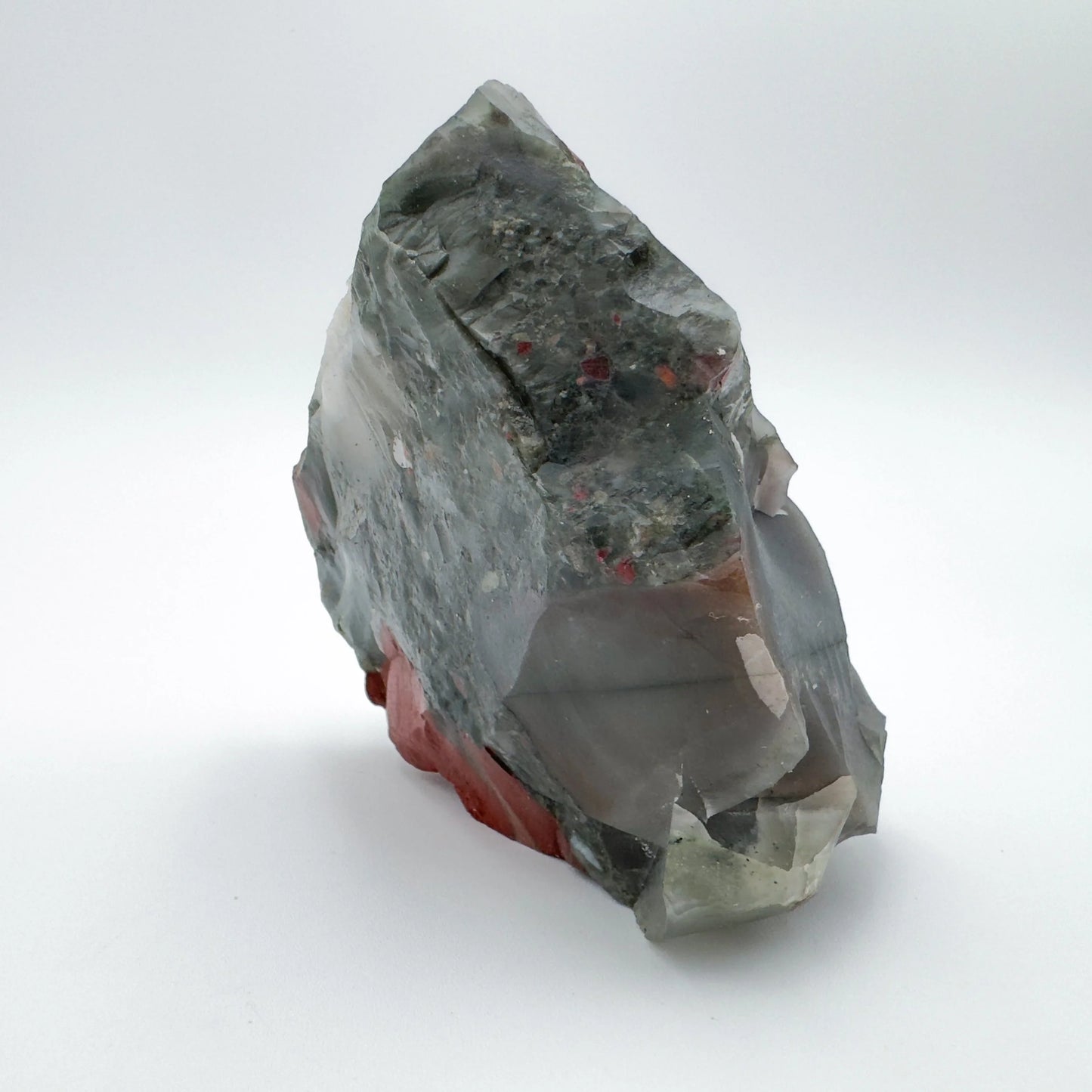 Underside detail of Grade AA green Bloodstone specimen, from Hhohho, Eswatini, showing characteristic patterning.