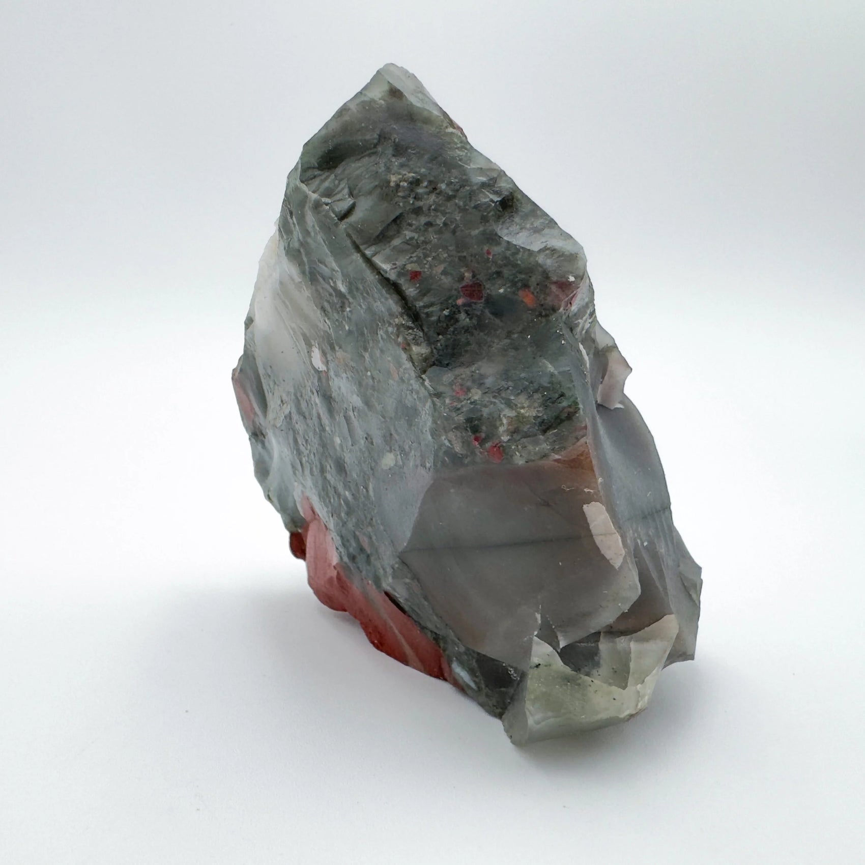 Underside detail of Grade AA green Bloodstone specimen, from Hhohho, Eswatini, showing characteristic patterning.