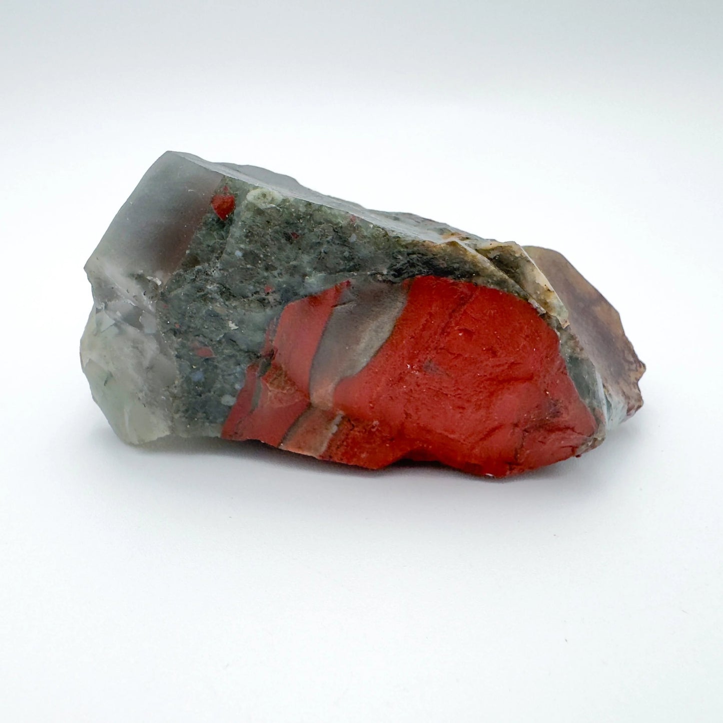 Palm-scale view of a Bloodstone specimen held against natural backdrop.
