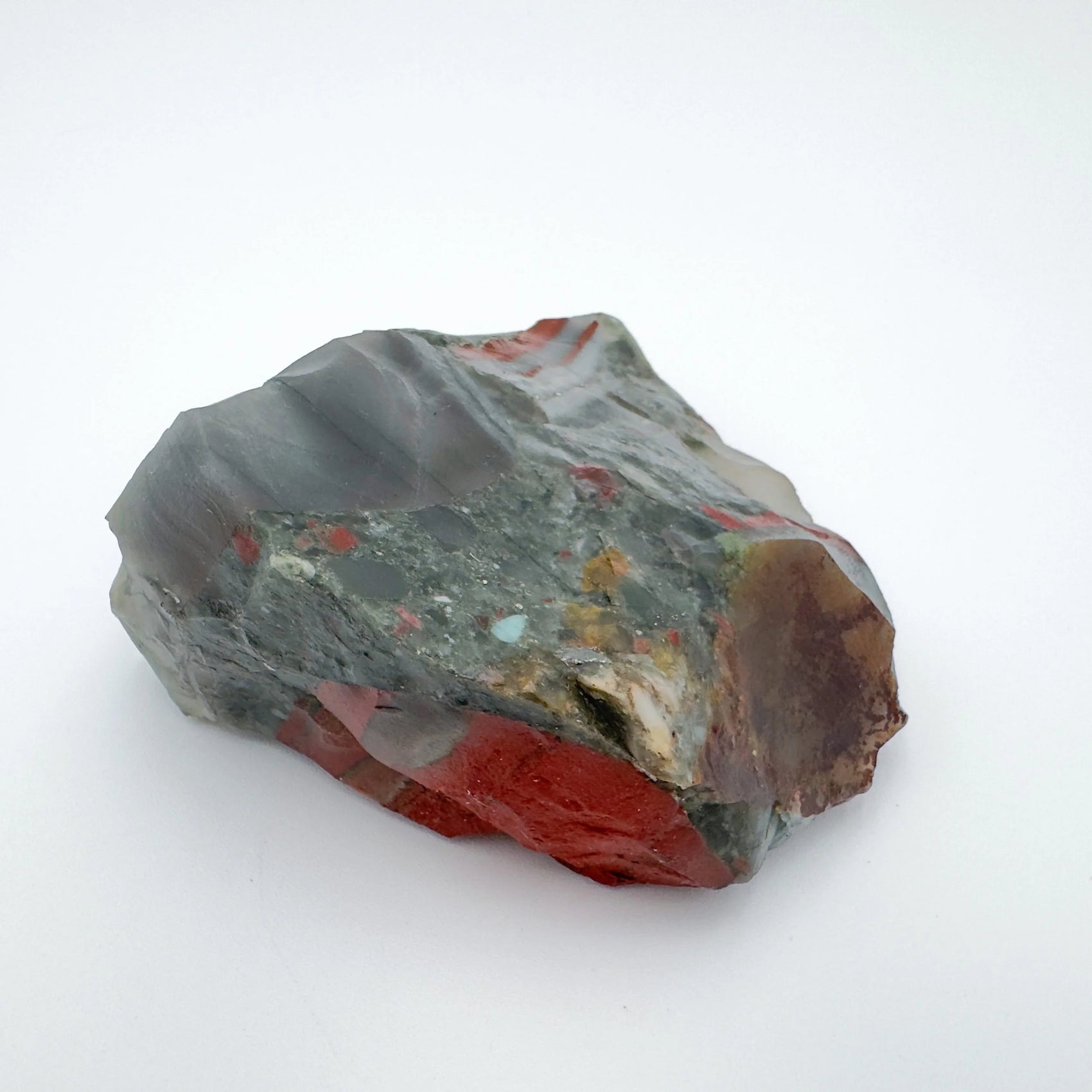 Considered view of Bloodstone specimen, from Hhohho, Eswatini, showing the wear and finish.