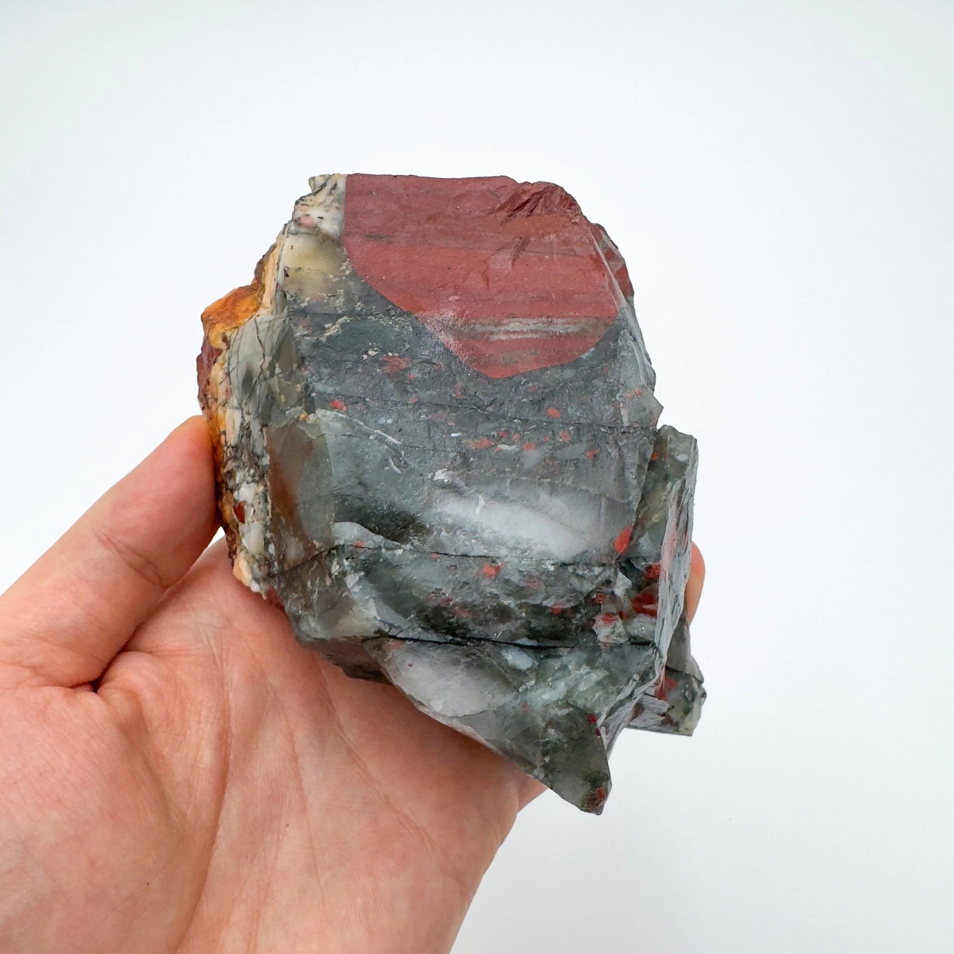 Styled with natural light Bloodstone specimen, showing the full body of the piece.