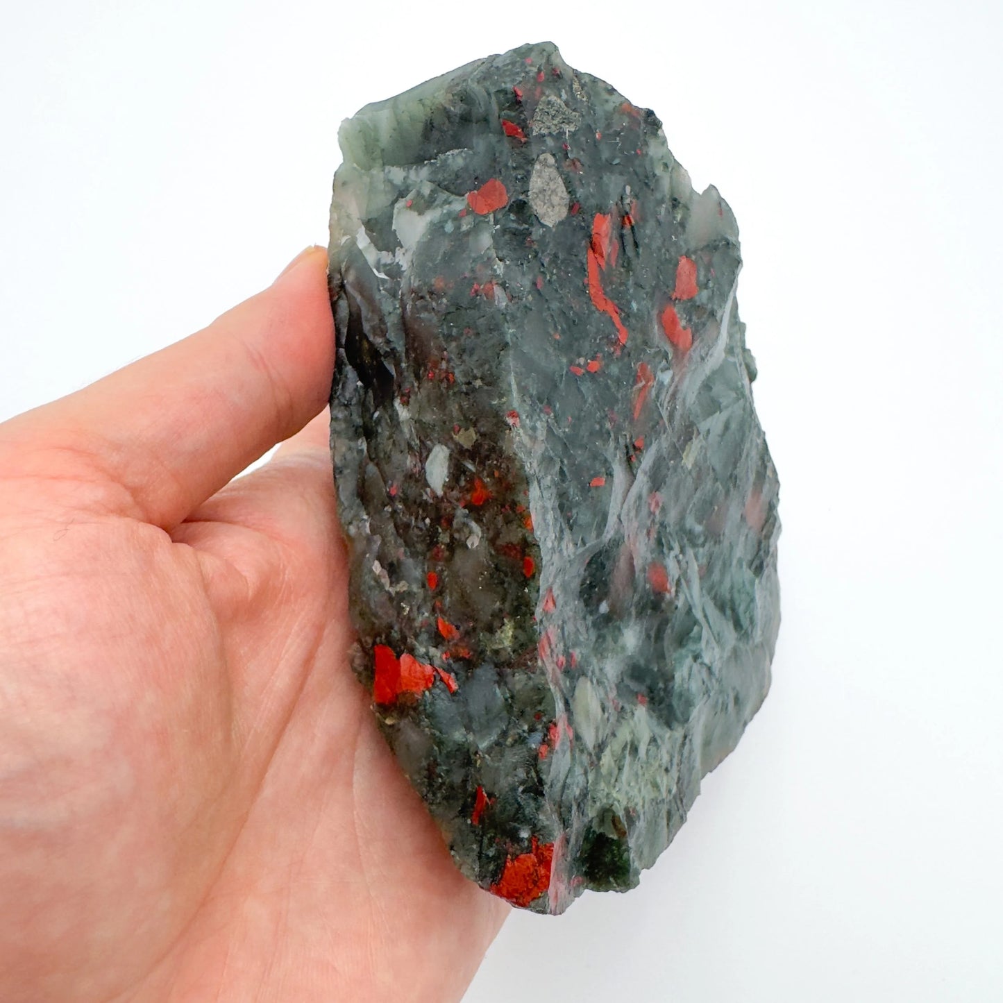 Handheld Bloodstone specimen for meditation, Confidence and Protection