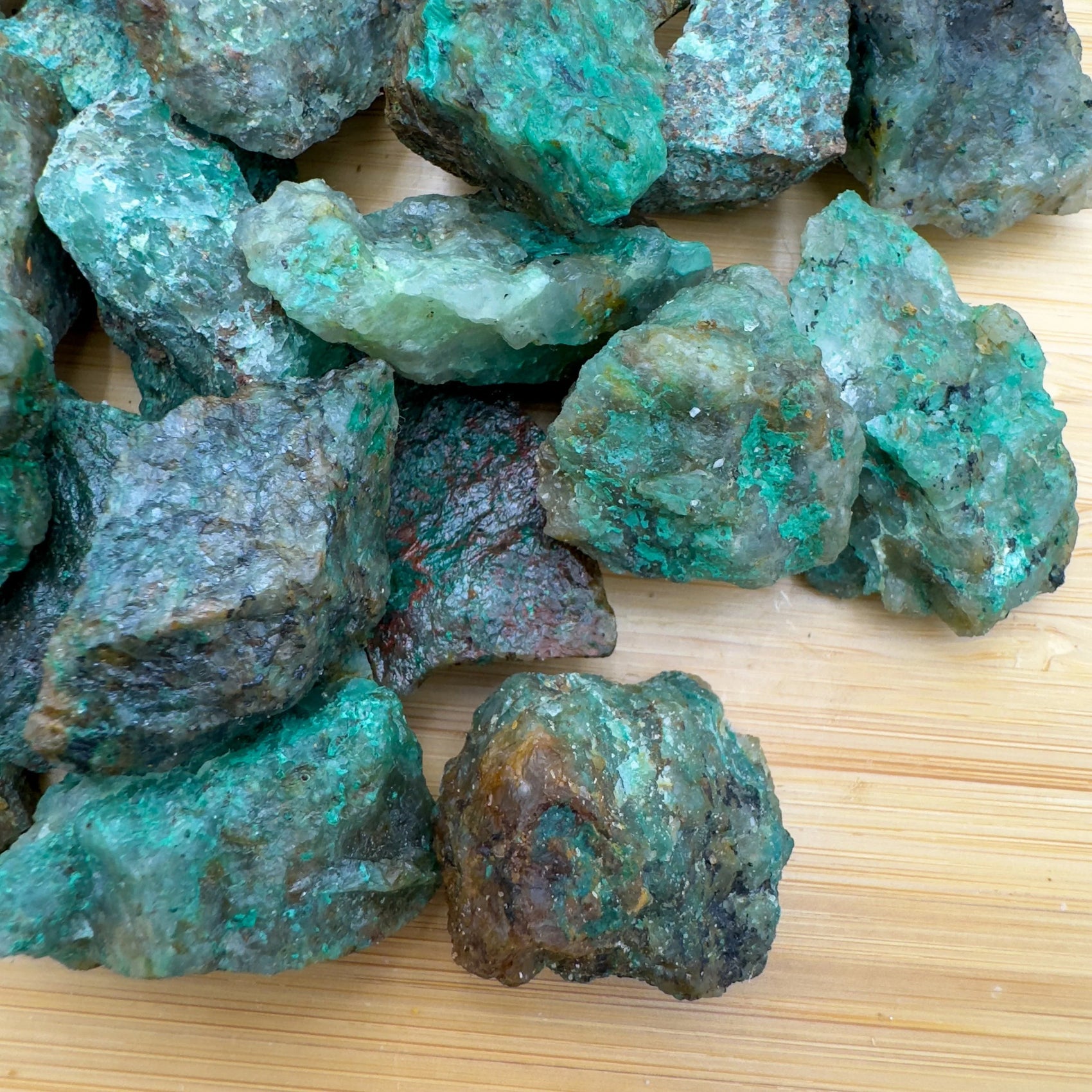 Close-up of Chrysocolla raw stone from Madagascar, soothing wellness stone for Emotional Healing