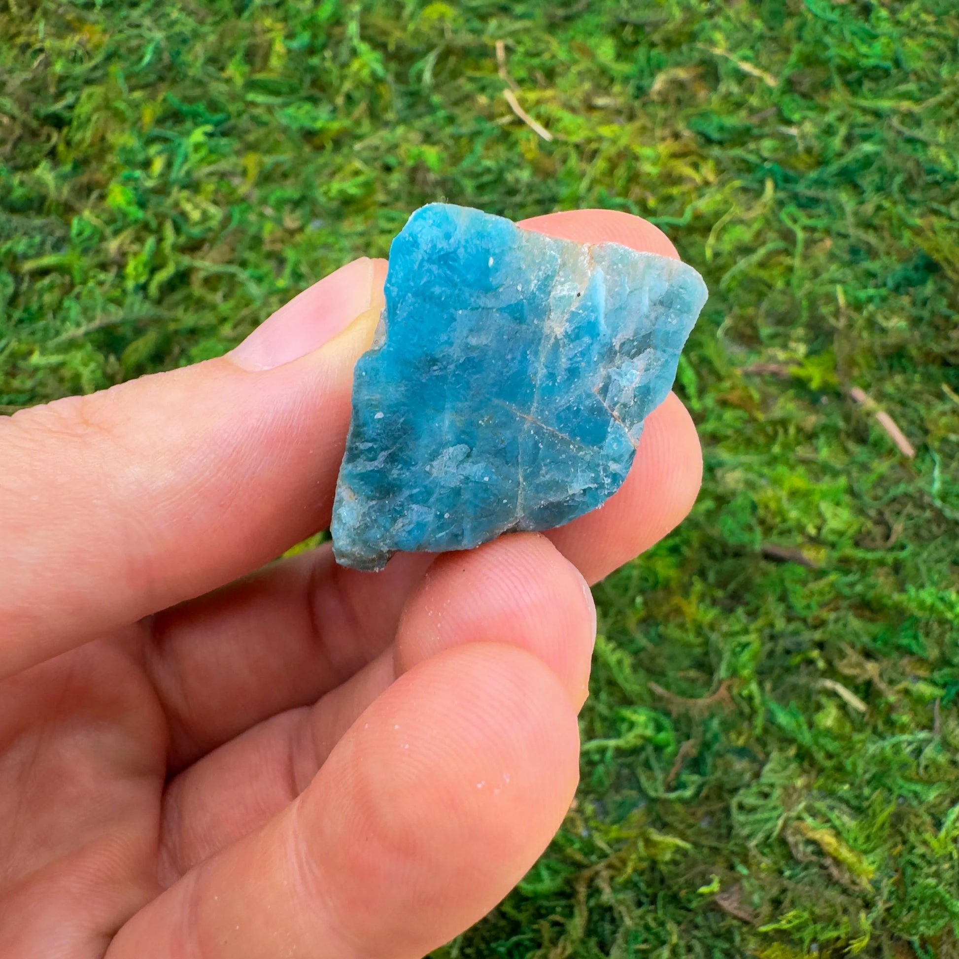 Looking down on Grade A Apatite raw stone, Madagascar-sourced, showing characteristic finish.