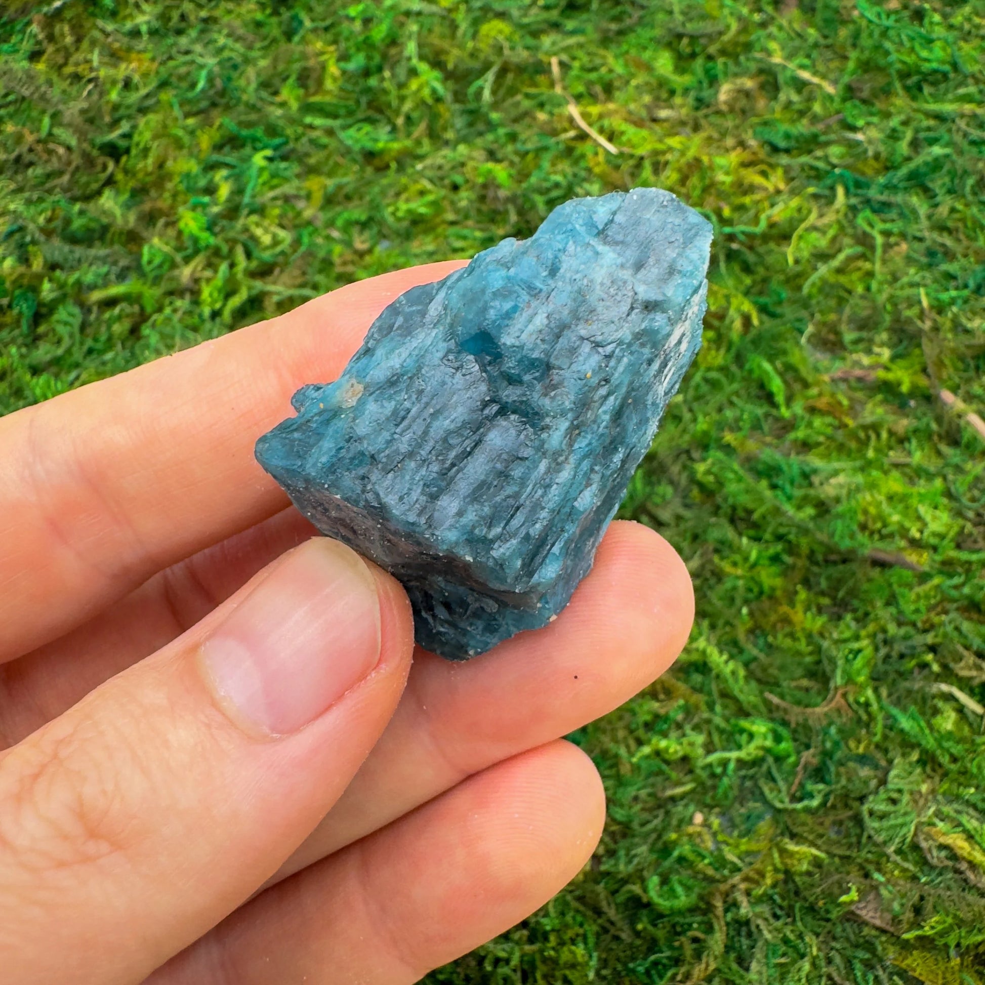 Opposite side of Grade A blue Apatite raw stone, often kept for Focus and Manifestation, from Anosy, Madagascar.