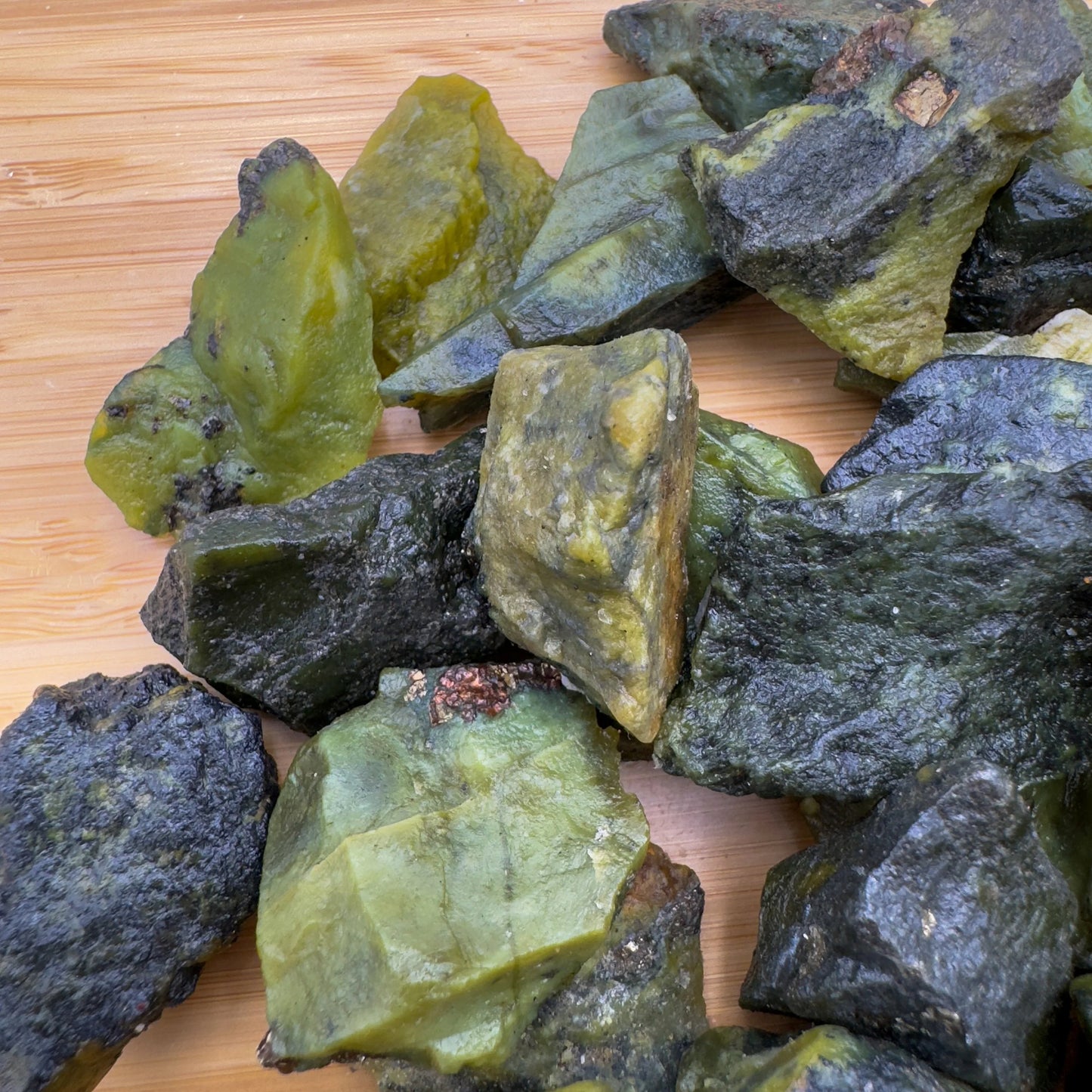 Serpentine raw stone from Peru with Green color, polished finish for mindful calm