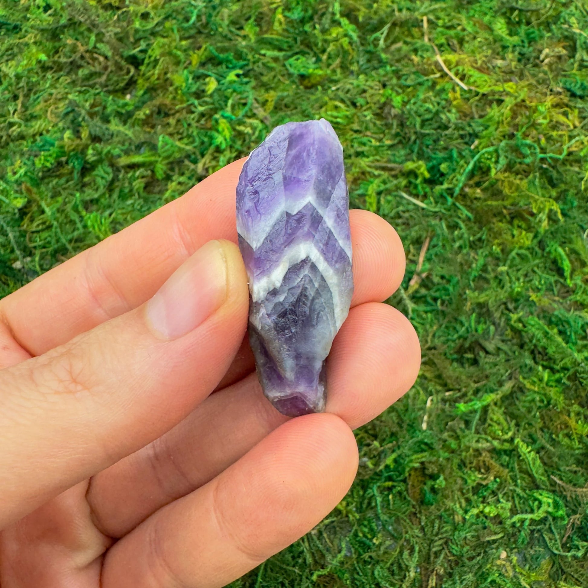Full profile of Grade AA Chevron Amethyst raw ready to ship from Beyond Bohemian