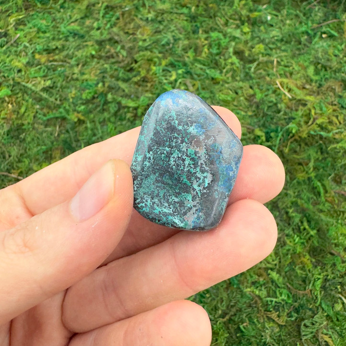 Full profile of Grade AA Azurite tumbled stone ready to ship from Beyond Bohemian