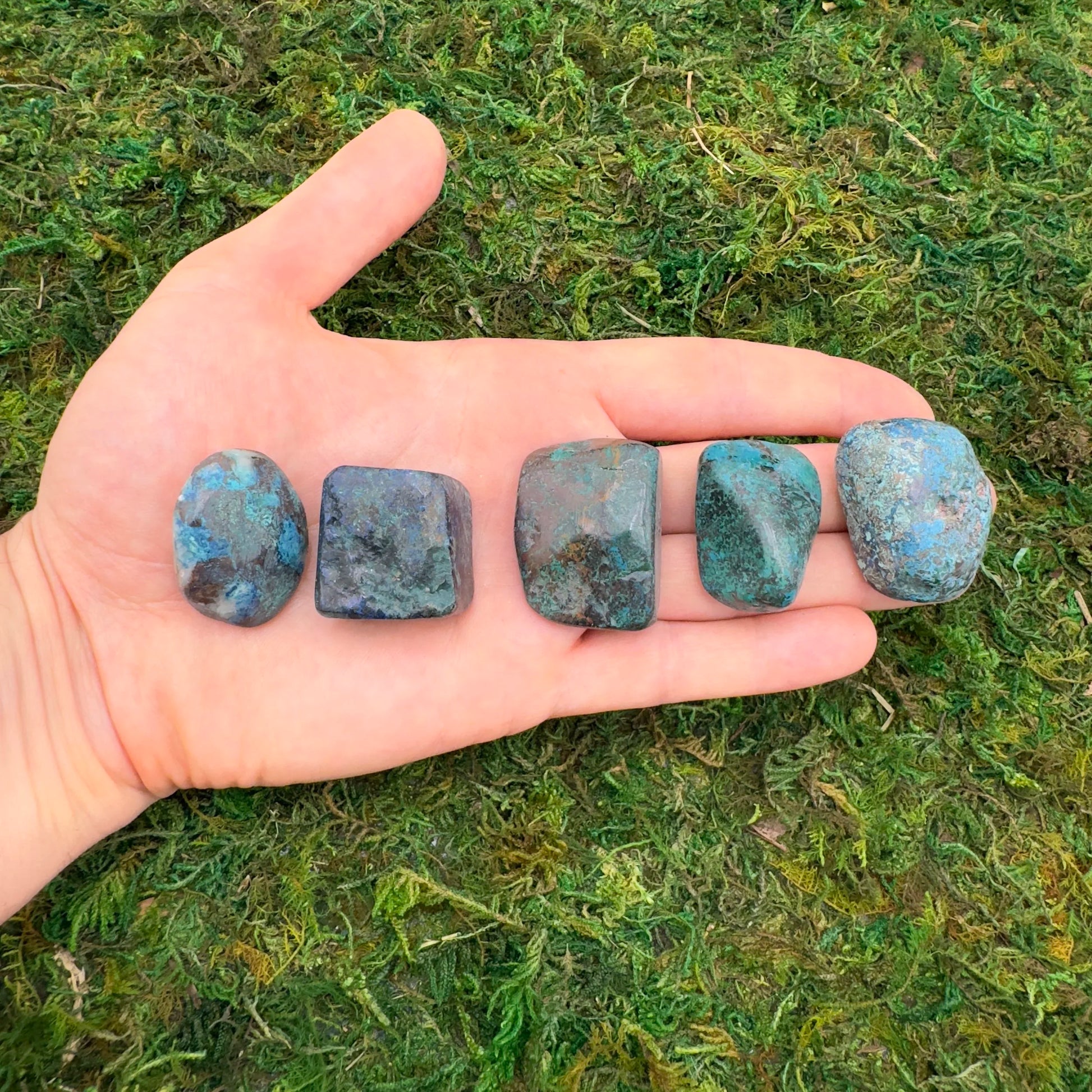 Full profile of Grade AA Azurite tumbled stone ready to ship from Beyond Bohemian