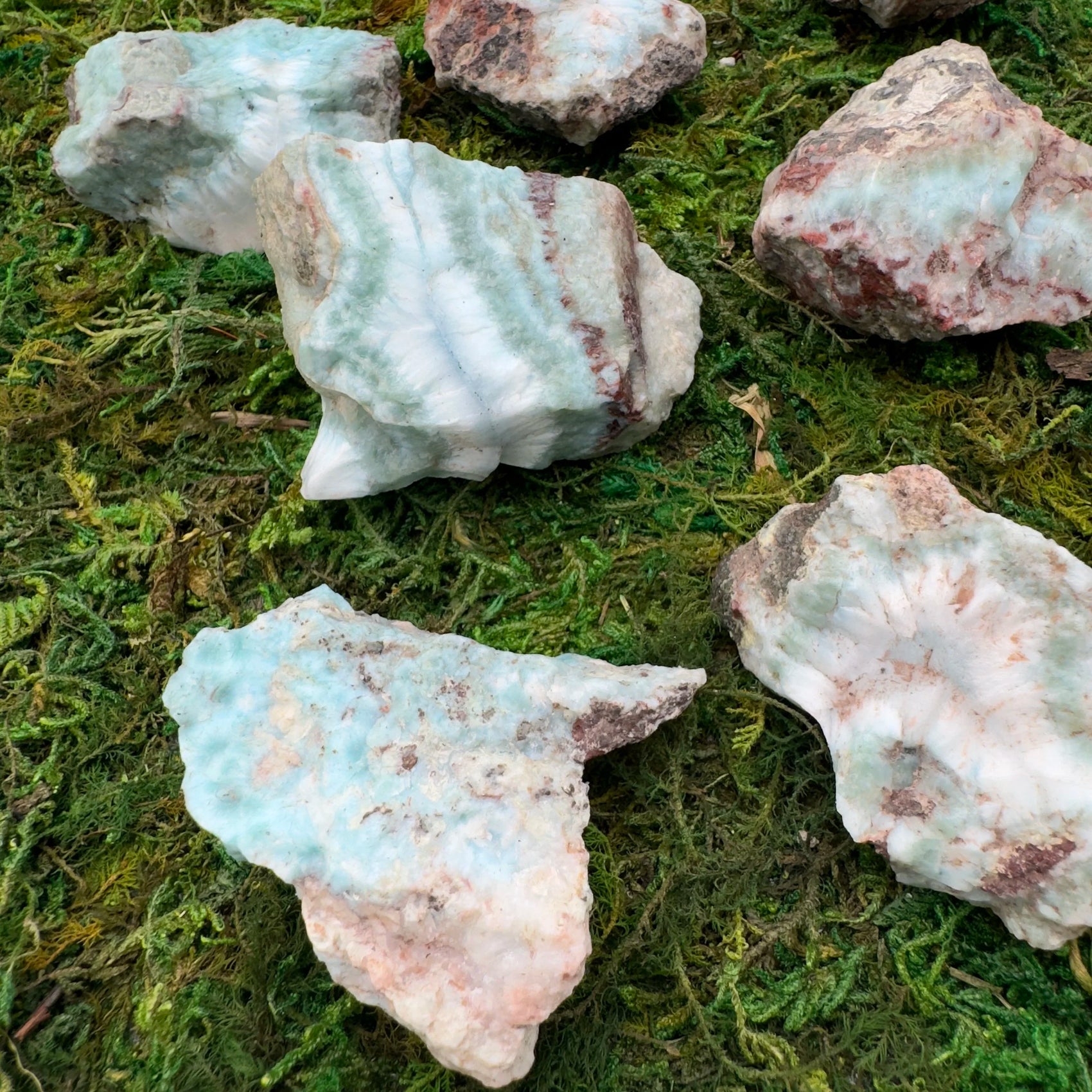 In-hand view of a Larimar raw stone held against natural backdrop, hand-selected from Barahona Province, Dominican Republic.