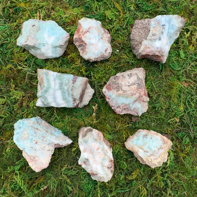 Larimar raw stone in Blue, White tones, ethically sourced from Dominican Republic for Emotional Healing and Stress Relief