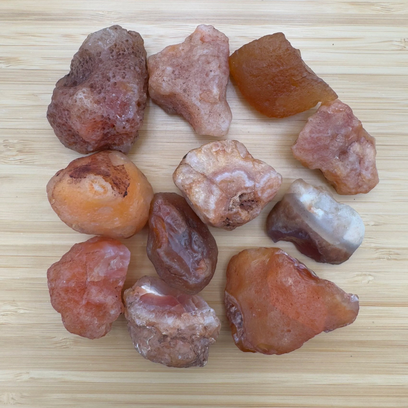 Surface detail of Grade A Carnelian raw stone, hand-selected from Nsipe, Malawi.