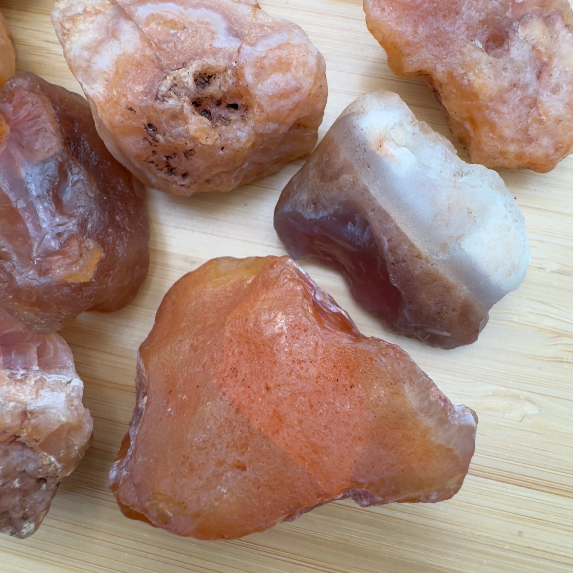 Top angle of Carnelian raw stone, from Nsipe, Malawi, often worked with for Energy.
