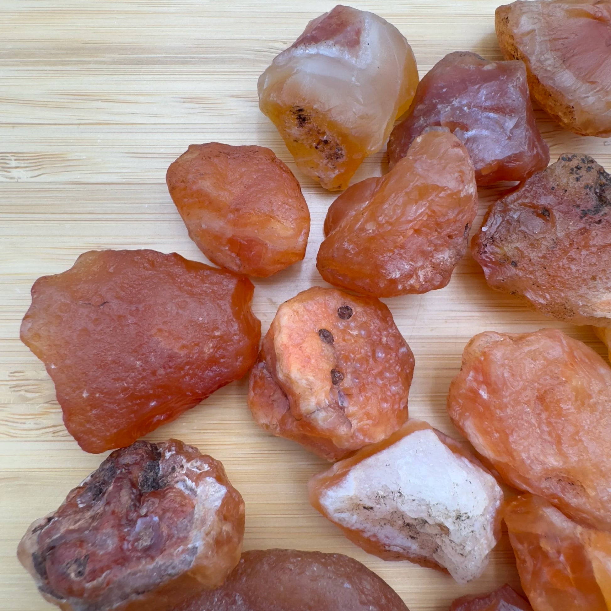 Top view of Grade A Carnelian raw, sourced from Nsipe, Malawi