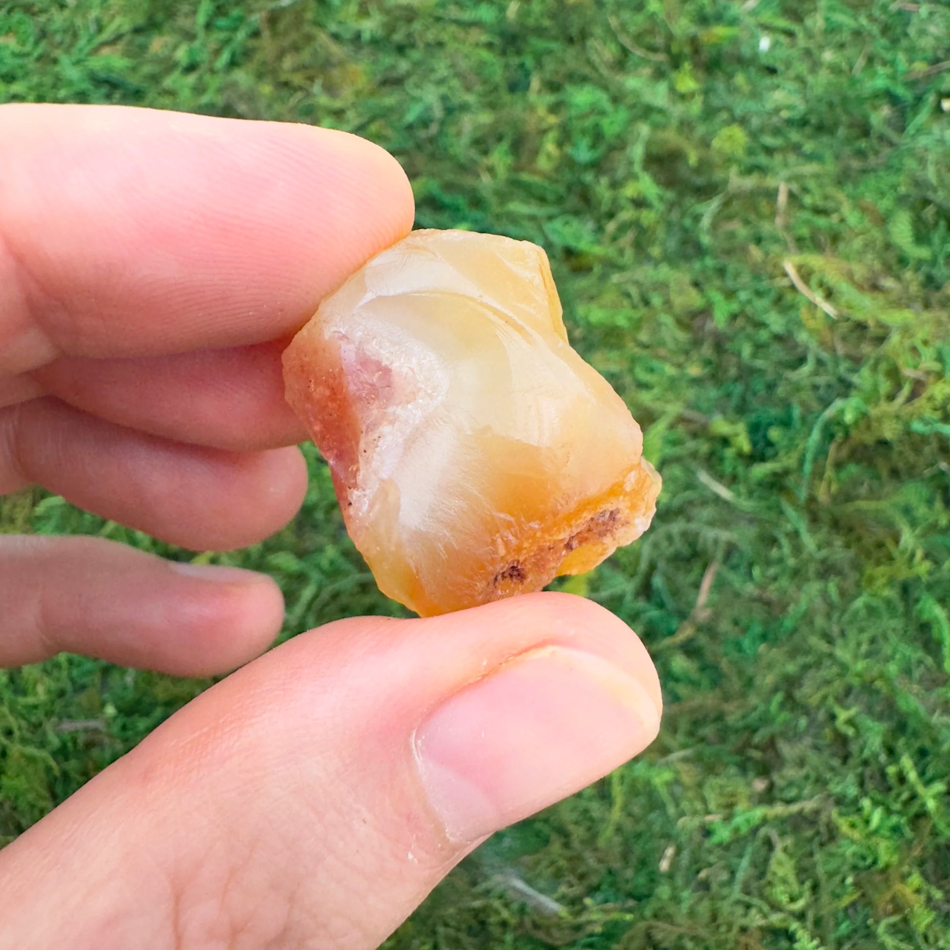 Grade a carnelian raw held in hand for size reference
