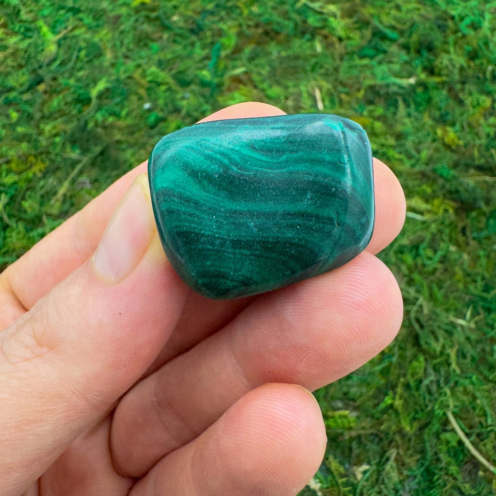 Full profile of Grade AA Malachite tumbled stone ready to ship from Beyond Bohemian