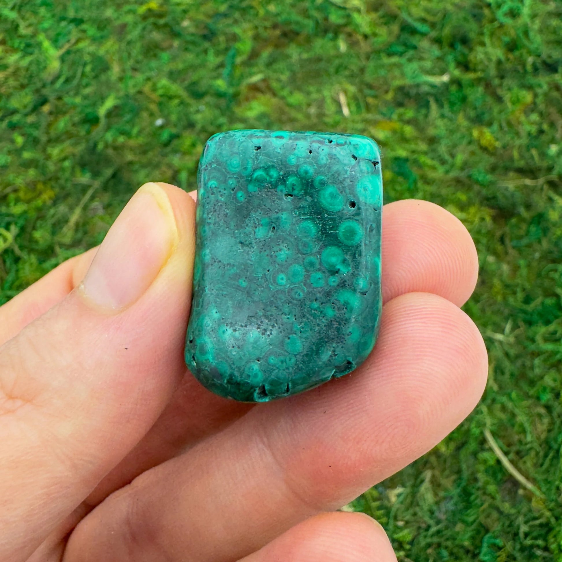 Full profile of Grade AA Malachite tumbled stone ready to ship from Beyond Bohemian