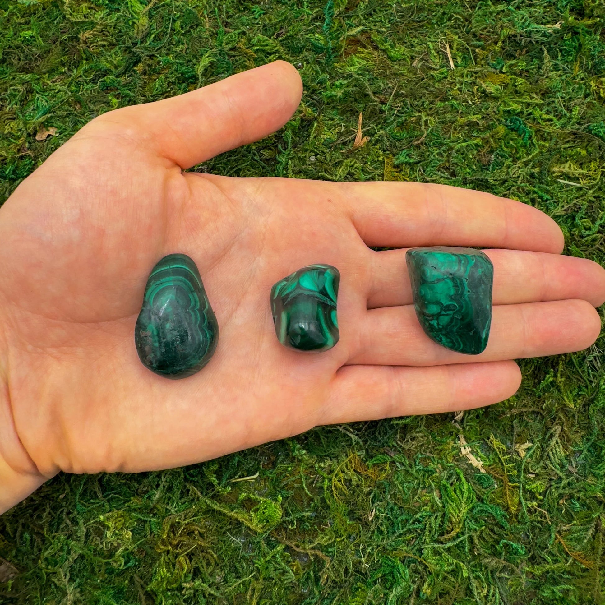 Full profile of Grade AA Malachite tumbled stone ready to ship from Beyond Bohemian
