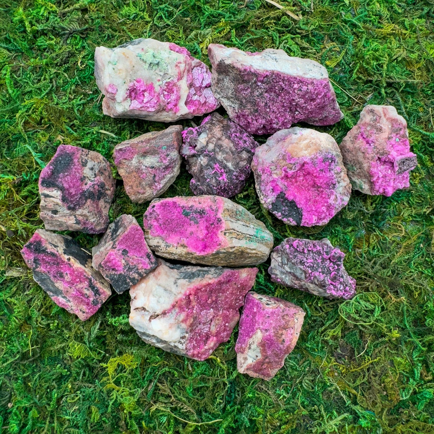 Natural light view of a Cobalt Calcite raw stone, sourced from Democratic Republic of the Congo.