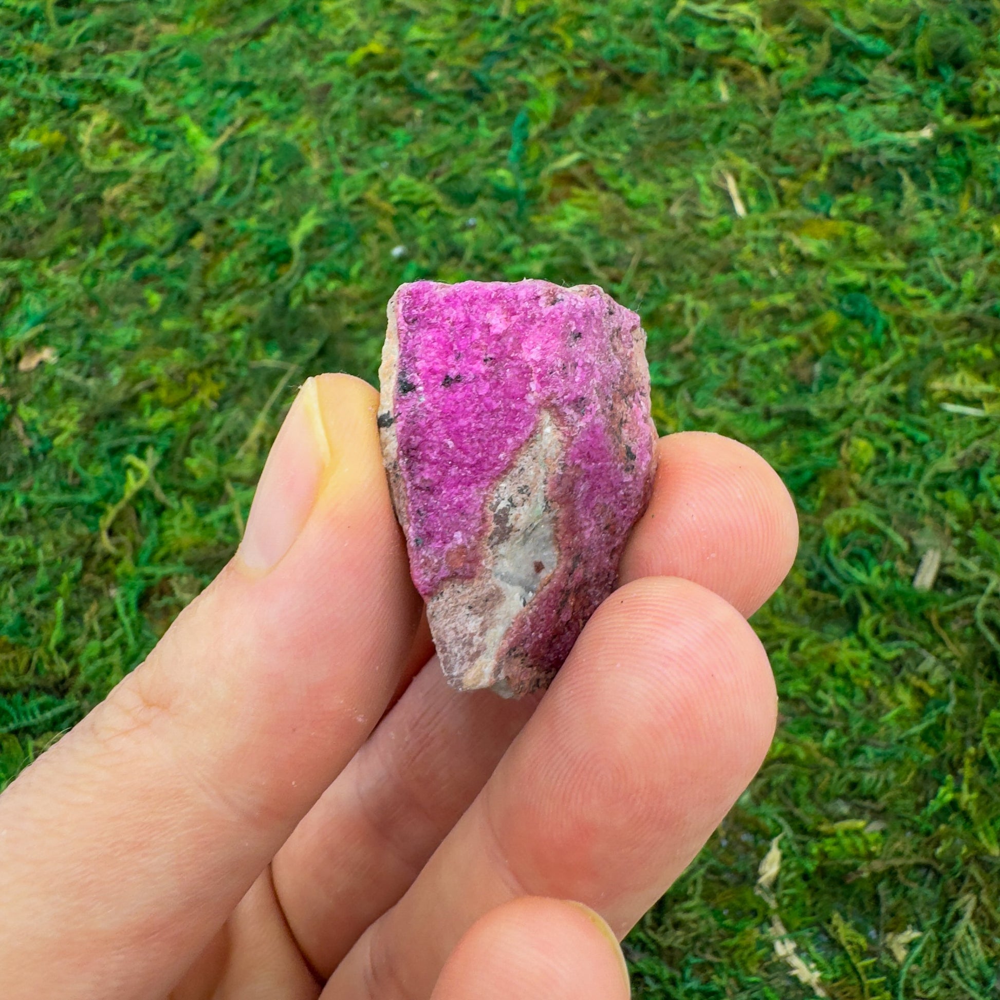 Detail shot of Grade AA Cobalt Calcite raw under natural light