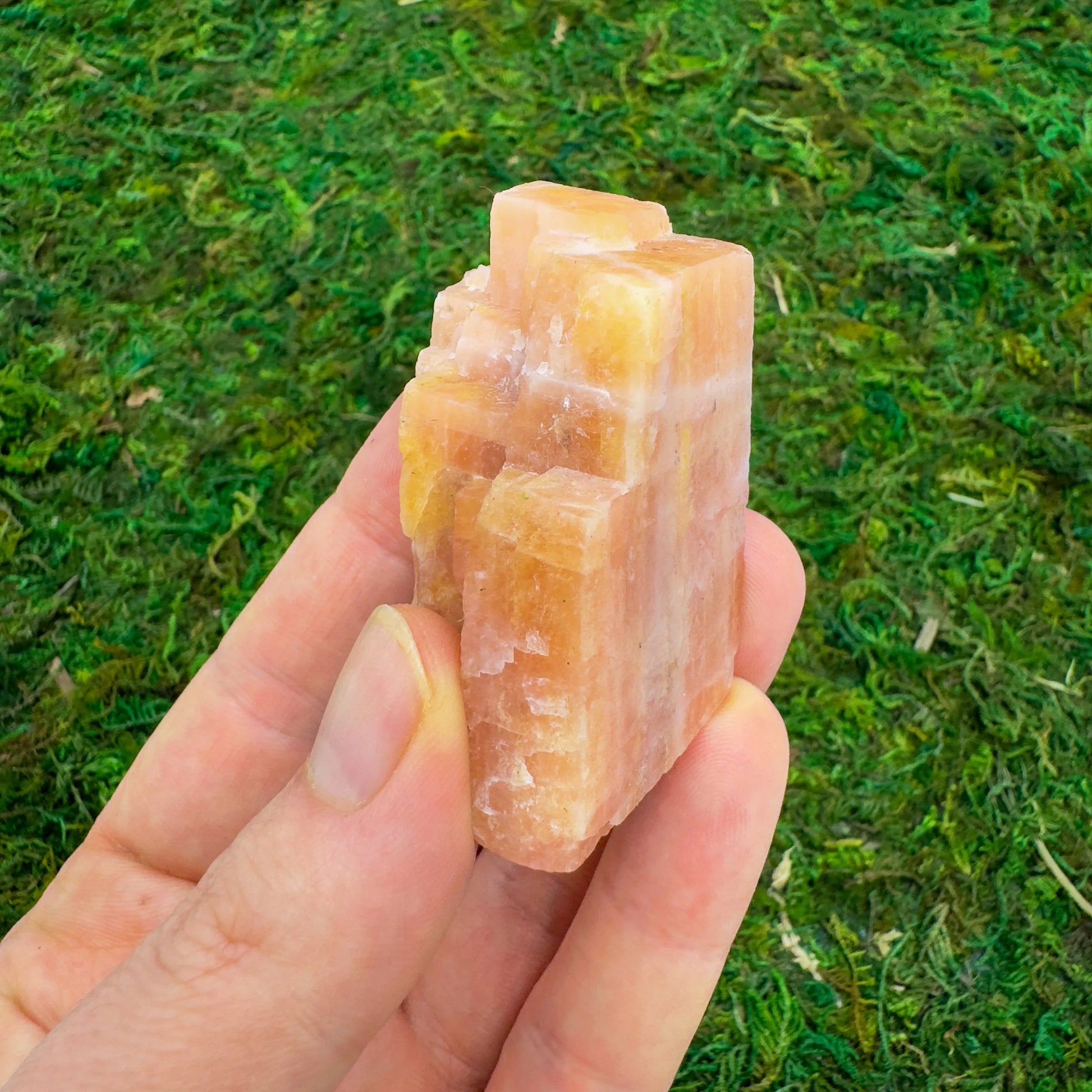 Full profile of Grade AA Orange Calcite raw ready to ship from Beyond Bohemian