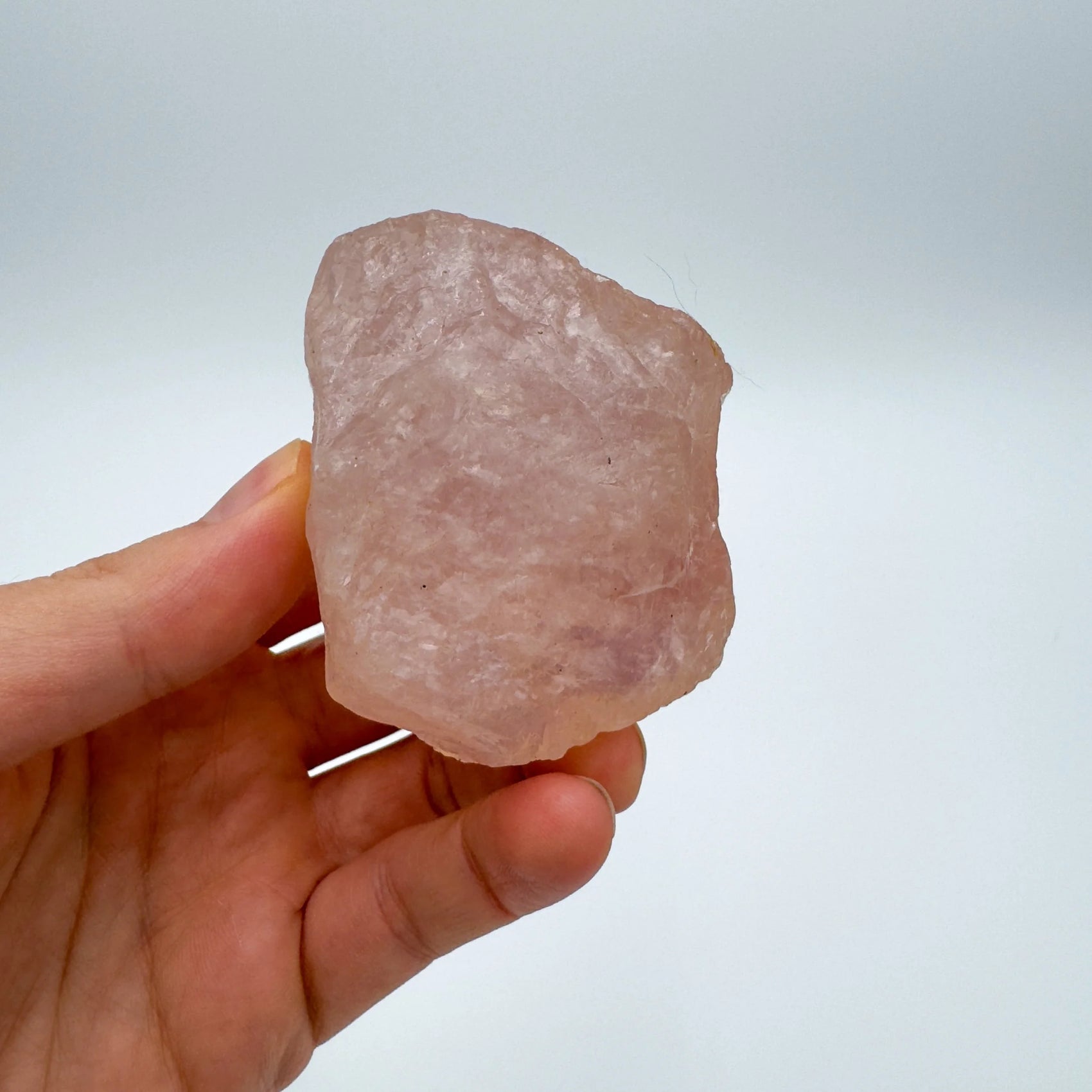 Held in hand is a Rose Quartz specimen, from Alaotra-Mangoro, Madagascar, captured in soft, even lighting.