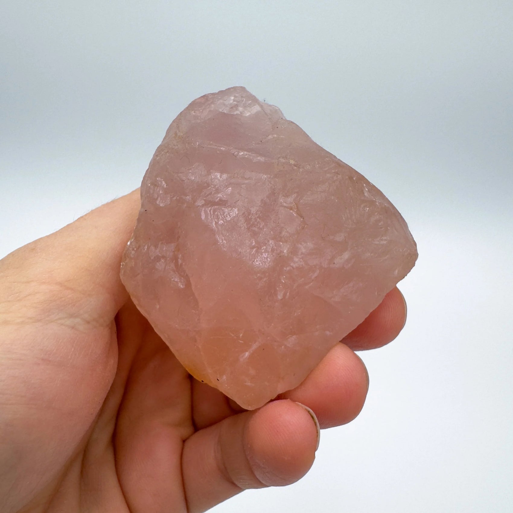 Full profile of Grade AAA Rose Quartz specimen ready to ship from Beyond Bohemian