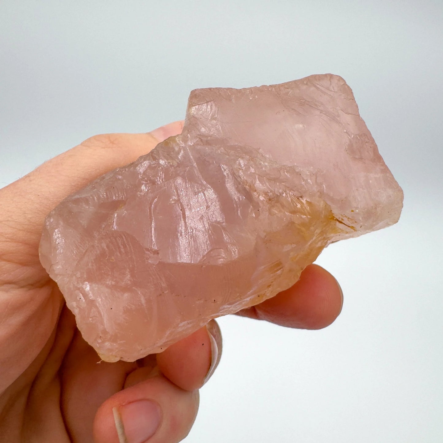 Full profile of Grade AAA Rose Quartz specimen ready to ship from Beyond Bohemian