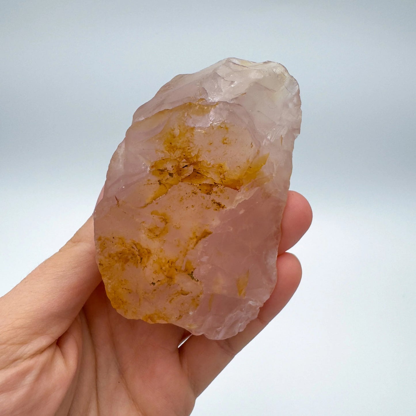 Full profile of Grade AAA Rose Quartz specimen ready to ship from Beyond Bohemian