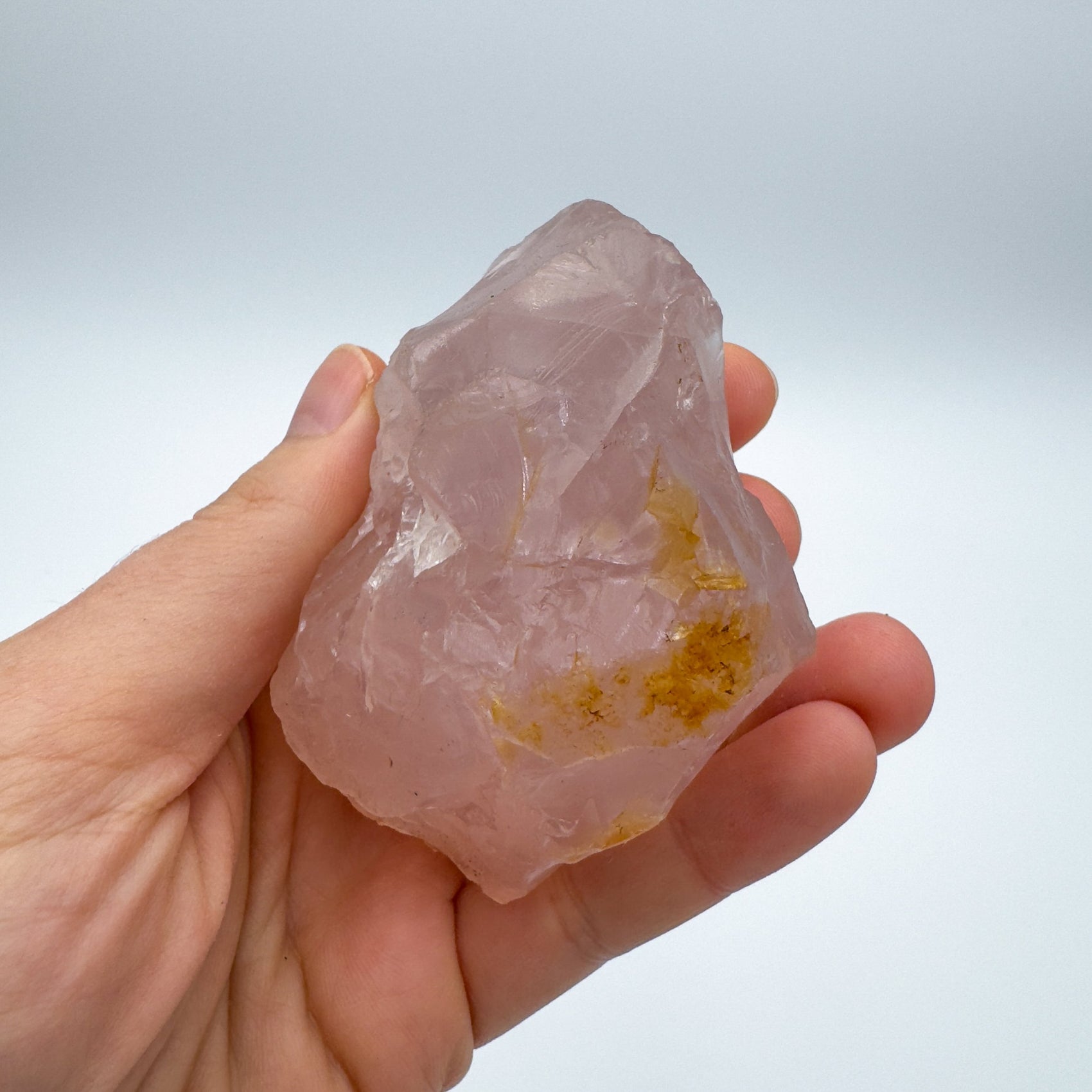 Full profile of Grade AAA Rose Quartz specimen ready to ship from Beyond Bohemian