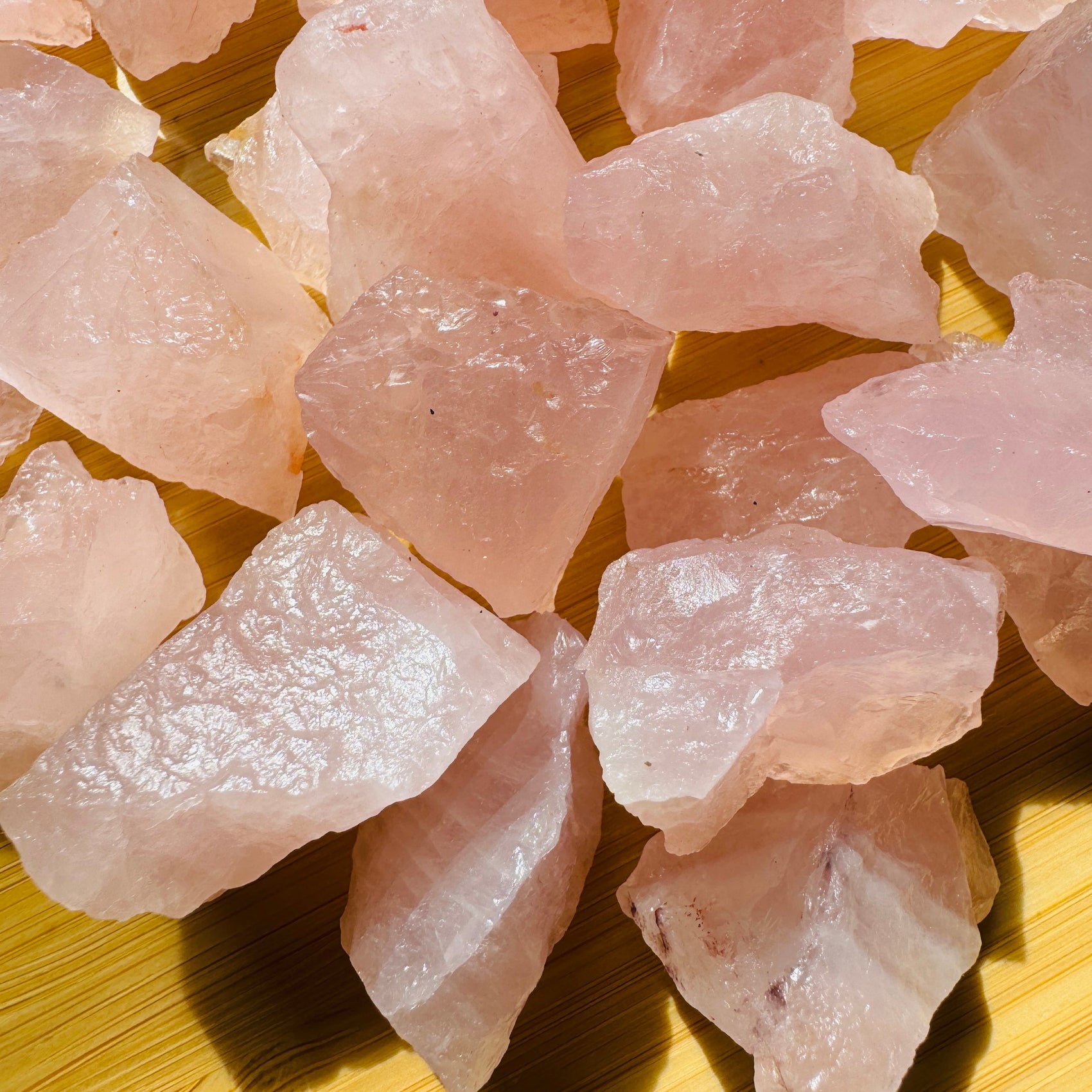 Overhead angle of Rose Quartz raw stone, sourced from Minas Gerais, Brazil.