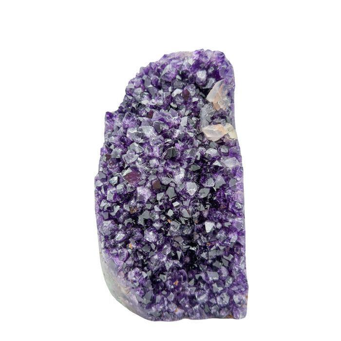 AA grade amethyst polished geode from Artigas, Uruguay, upright standing geode, dark purple crystal with a pale calcite inclusion set into the face, 4.60 x 5.25 x 8.30 in, 9.98 pounds.