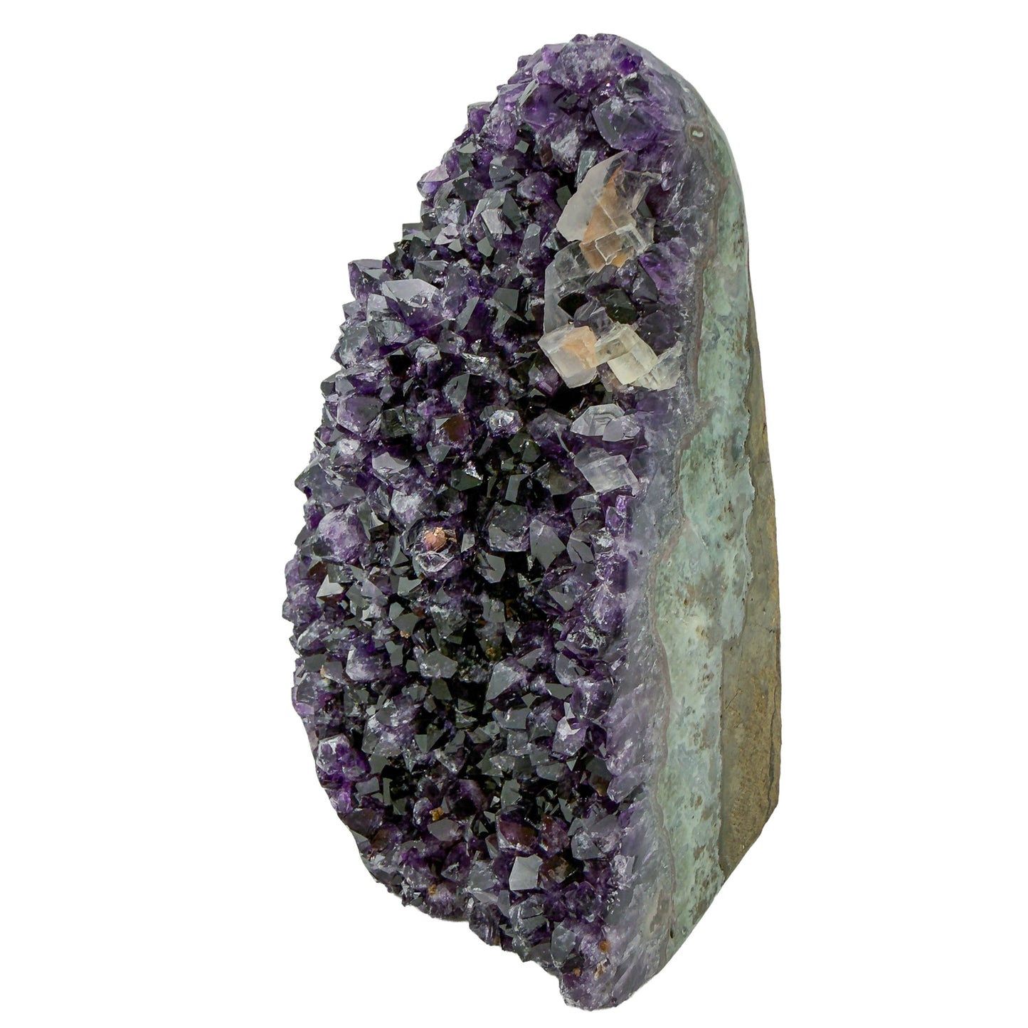 AA grade amethyst geode from Uruguay, angled three-quarter view, a tan-brown base with green banding, specimen 50.