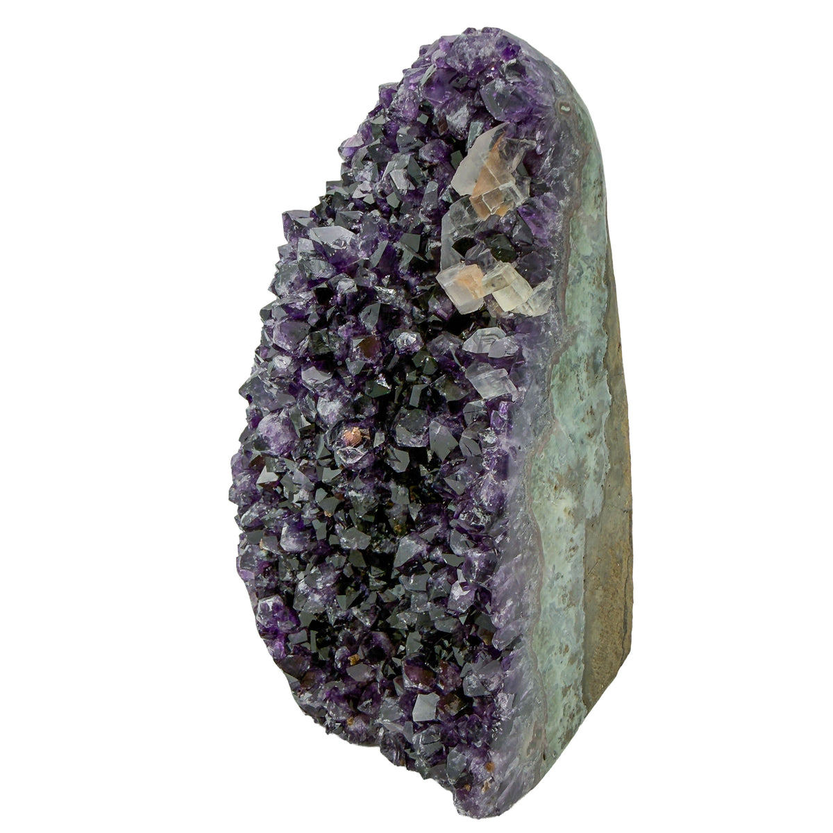 AA grade amethyst geode from Uruguay, angled three-quarter view, a tan-brown base with green banding, specimen 50.