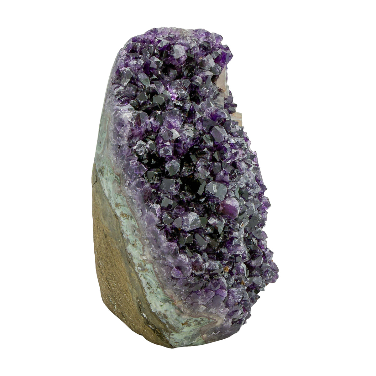 AA grade amethyst geode from Uruguay, left profile, a tan-brown base with green banding, specimen 50.