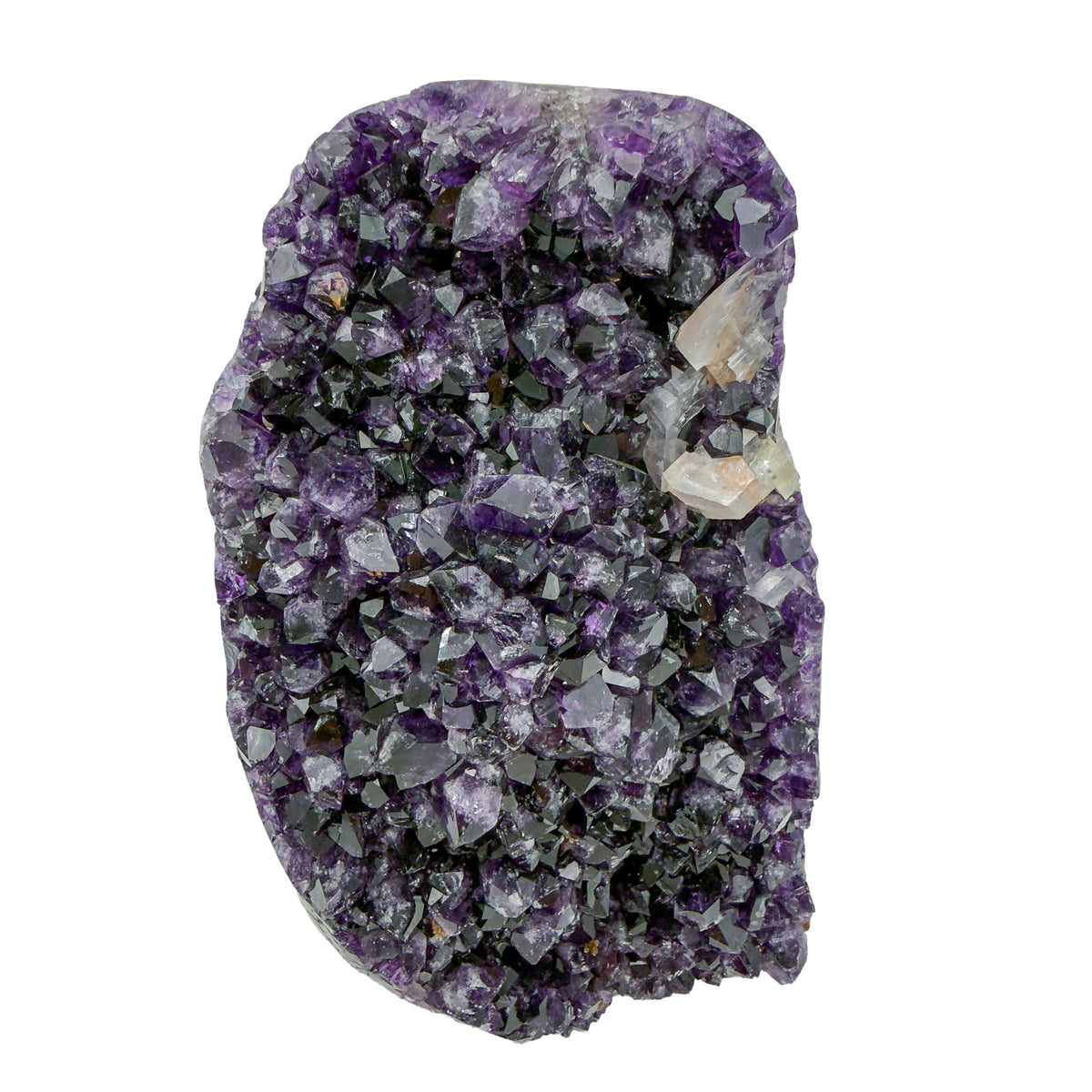 AA grade amethyst geode from Uruguay, right profile, a tan-brown base with green banding, specimen 50.