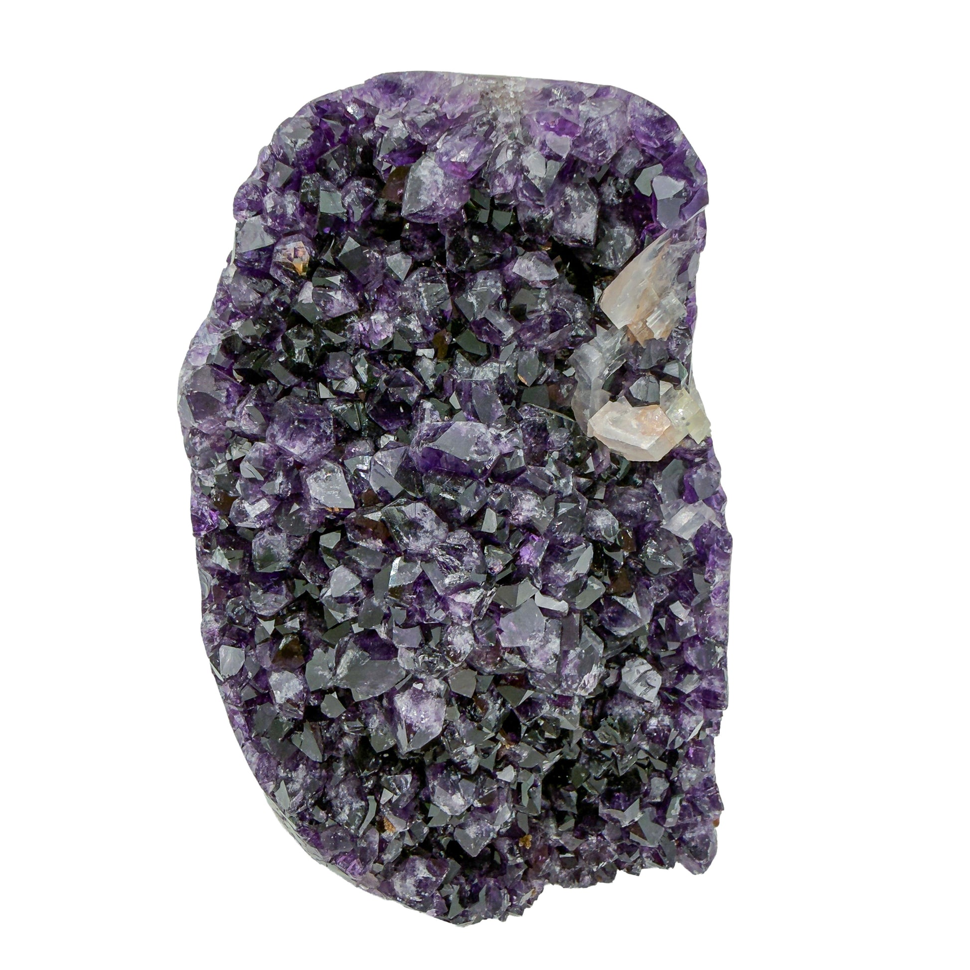 AA grade amethyst geode from Uruguay, right profile, a tan-brown base with green banding, specimen 50.