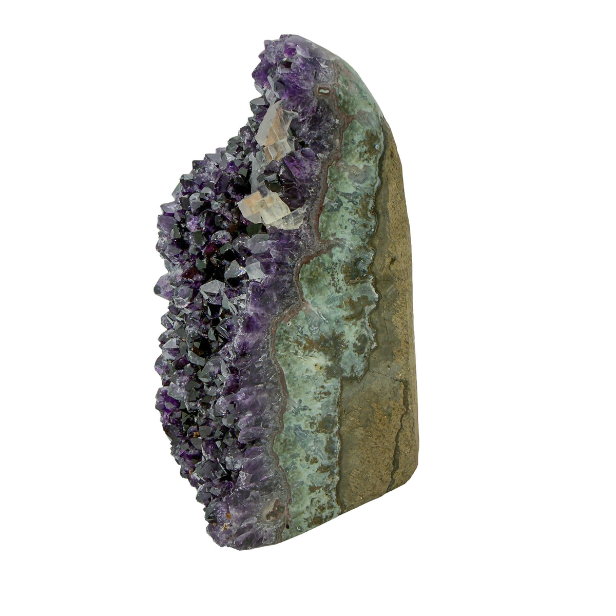 AA grade amethyst geode from Uruguay, reverse side, a tan-brown base with green banding, specimen 50.