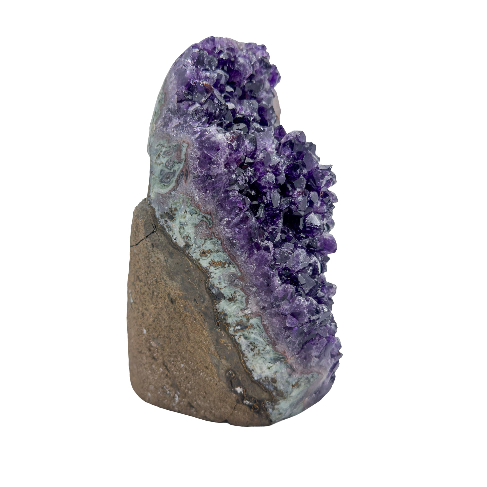 AA grade amethyst geode from Uruguay, alternate angle, a tan-brown base with green banding, specimen 50.