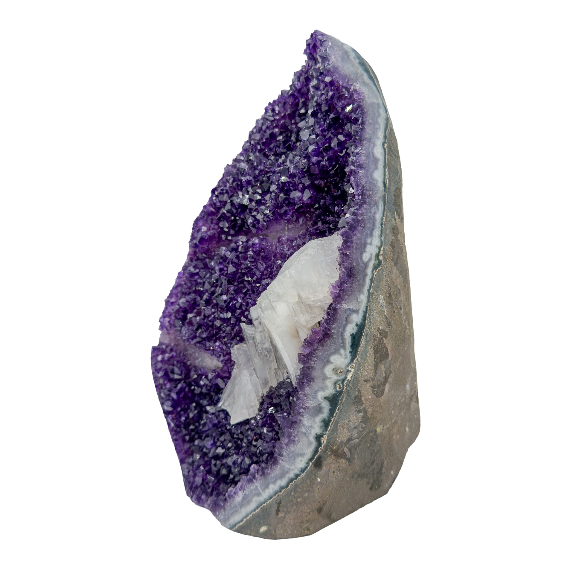 AA grade amethyst geode from Uruguay, angled three-quarter view, a grey and tan agate shell, specimen 53.