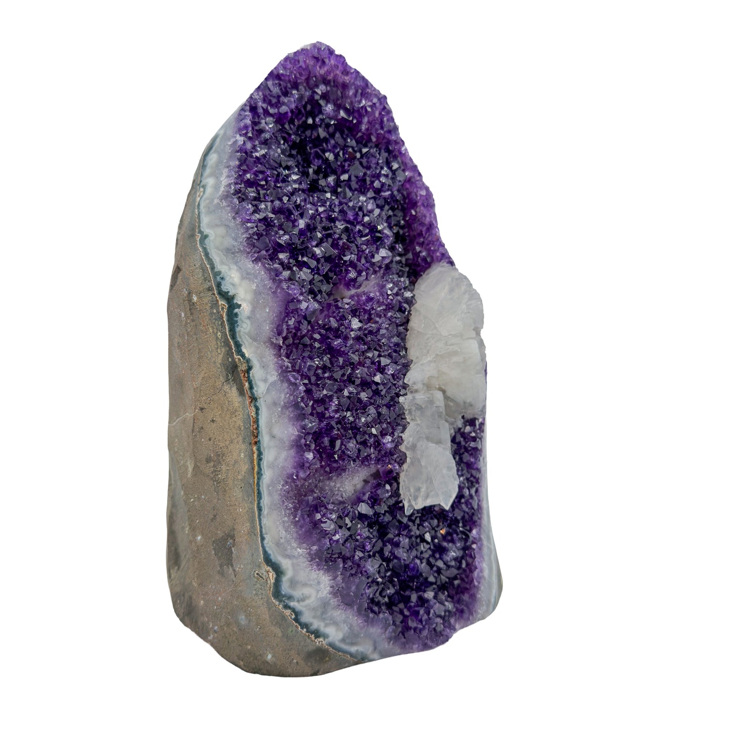 AA grade amethyst geode from Uruguay, left profile, a grey and tan agate shell, specimen 53.