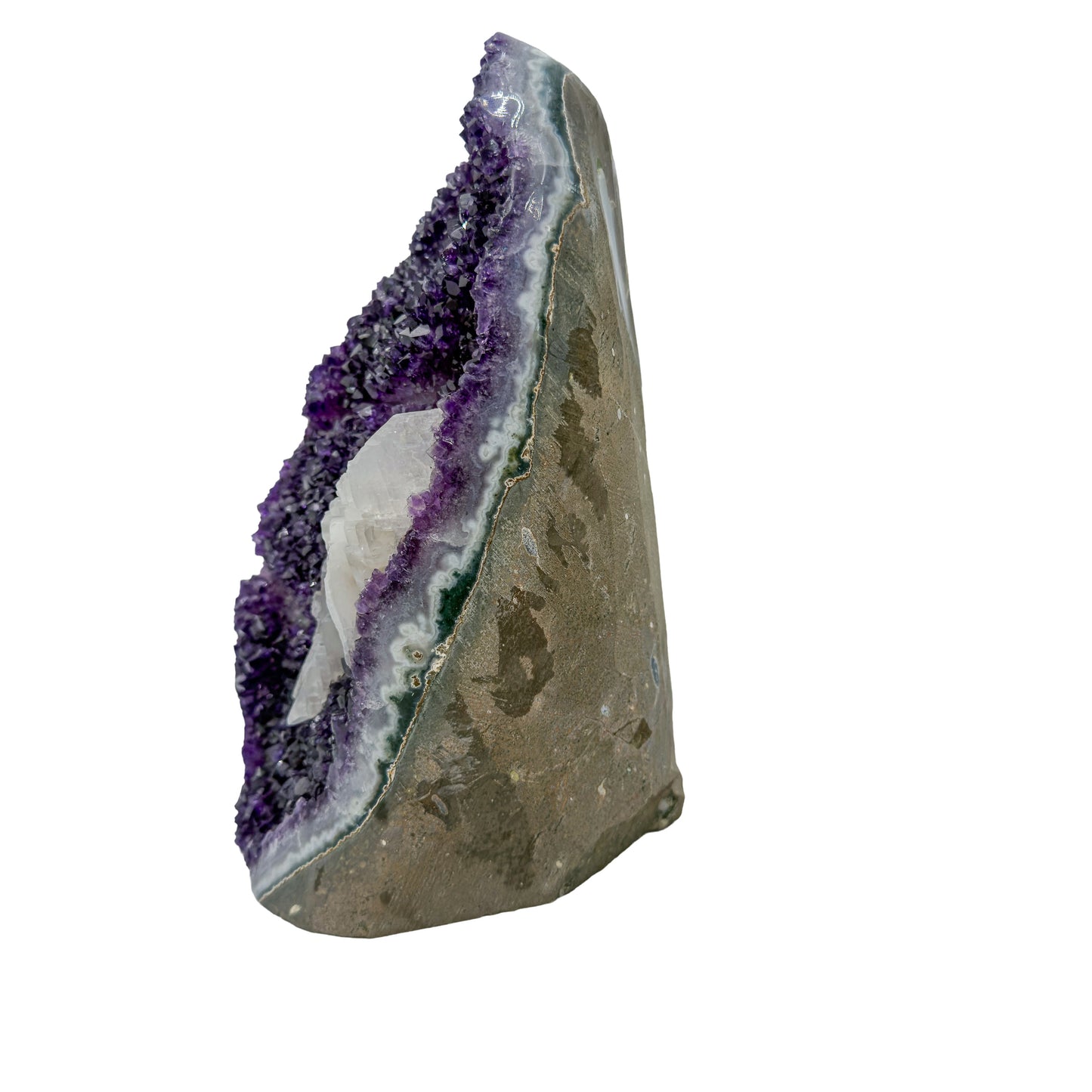 AA grade amethyst geode from Uruguay, right profile, a grey and tan agate shell, specimen 53.