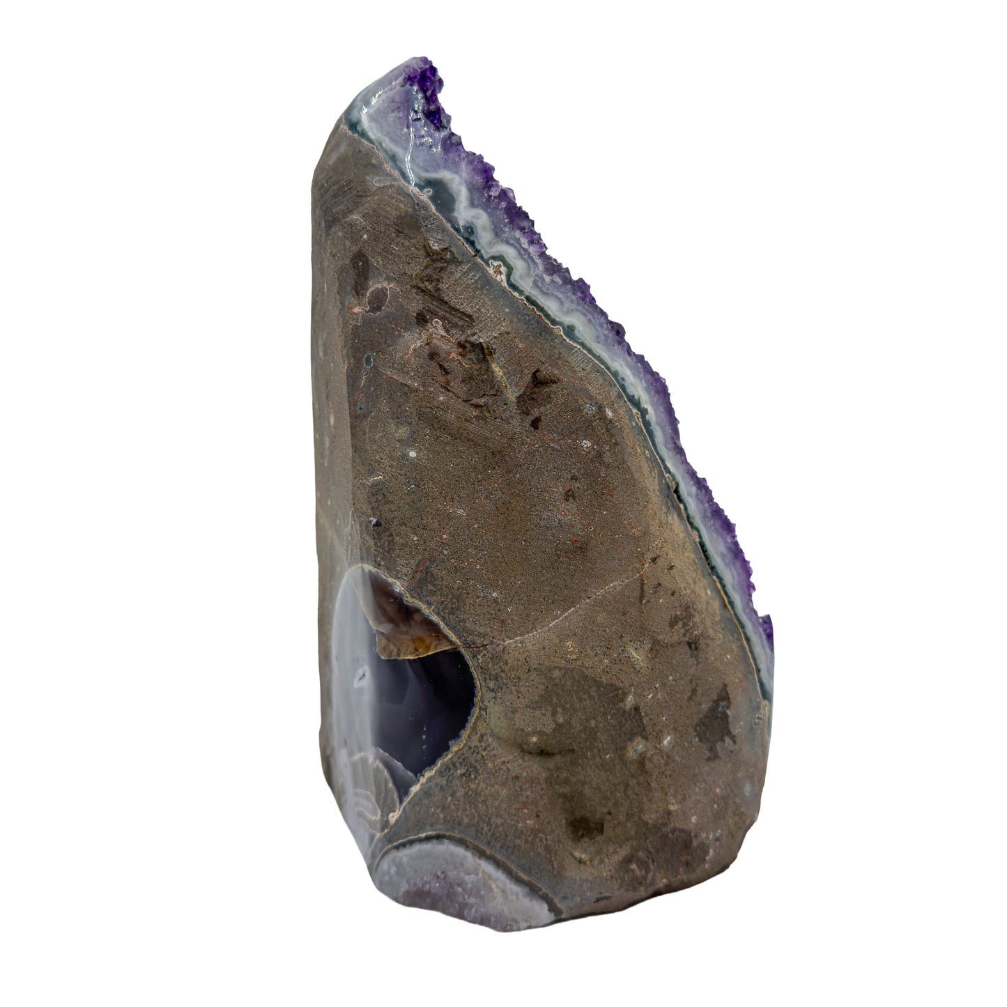 AA grade amethyst geode from Uruguay, reverse side, a grey and tan agate shell, specimen 53.