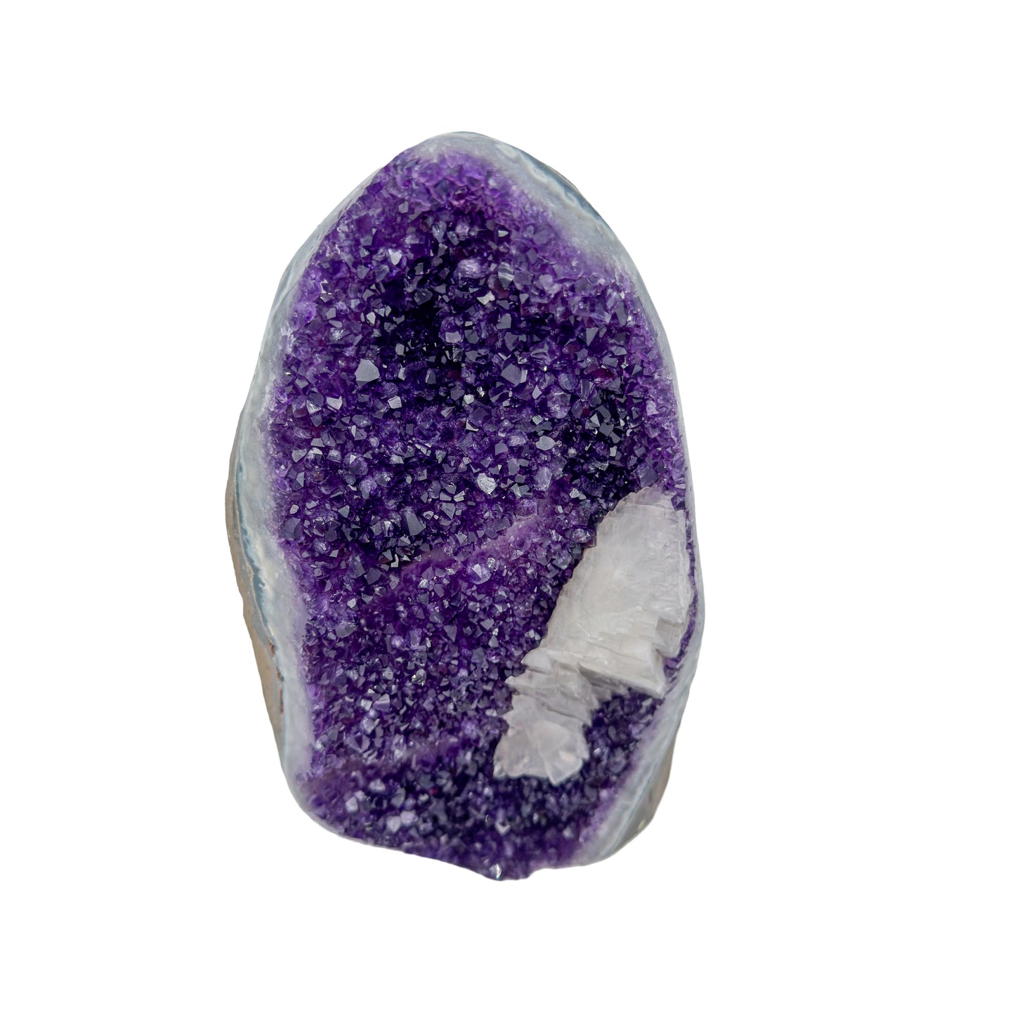 AA grade amethyst geode from Uruguay, alternate angle, a grey and tan agate shell, specimen 53.