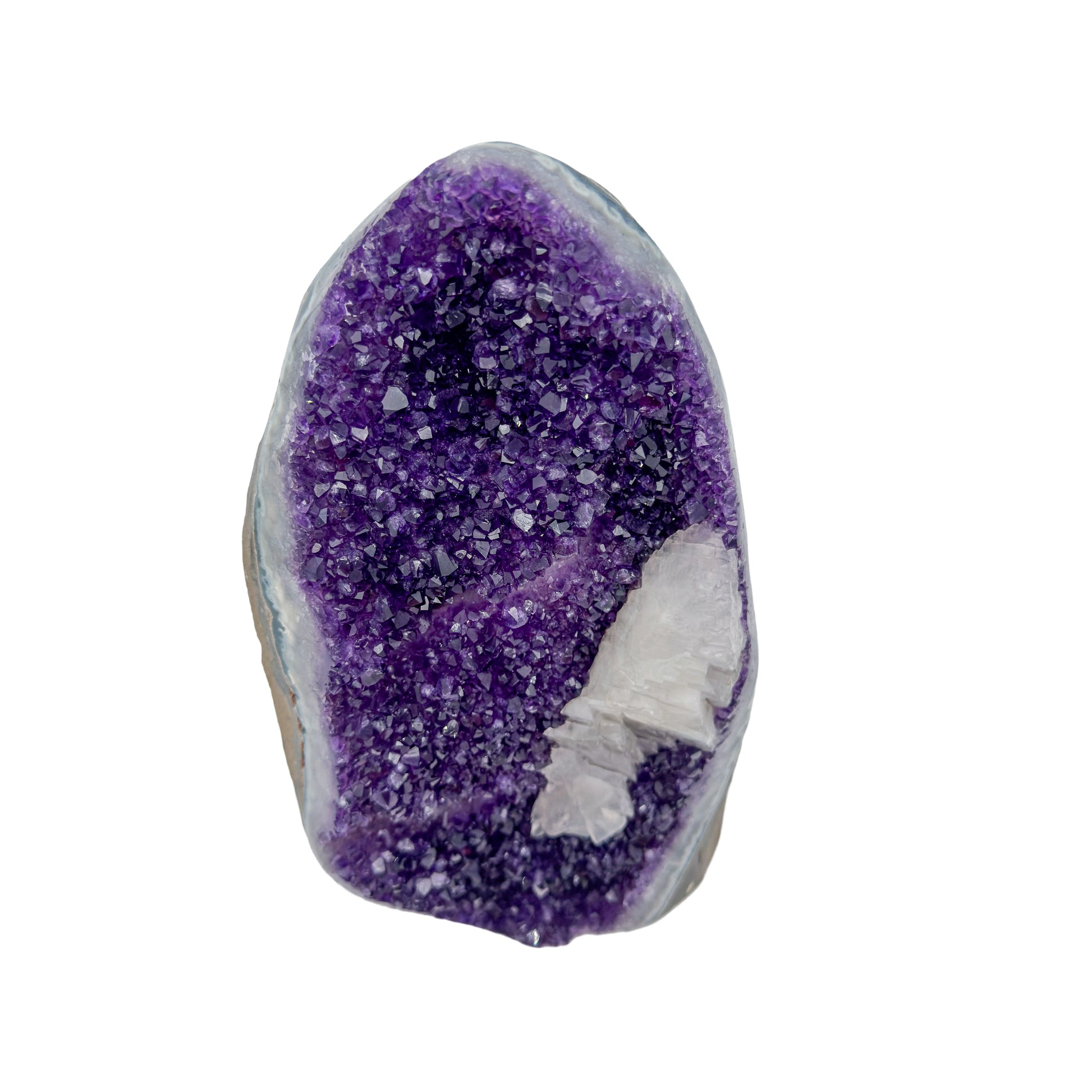 AA grade amethyst geode from Uruguay, alternate angle, a grey and tan agate shell, specimen 53.