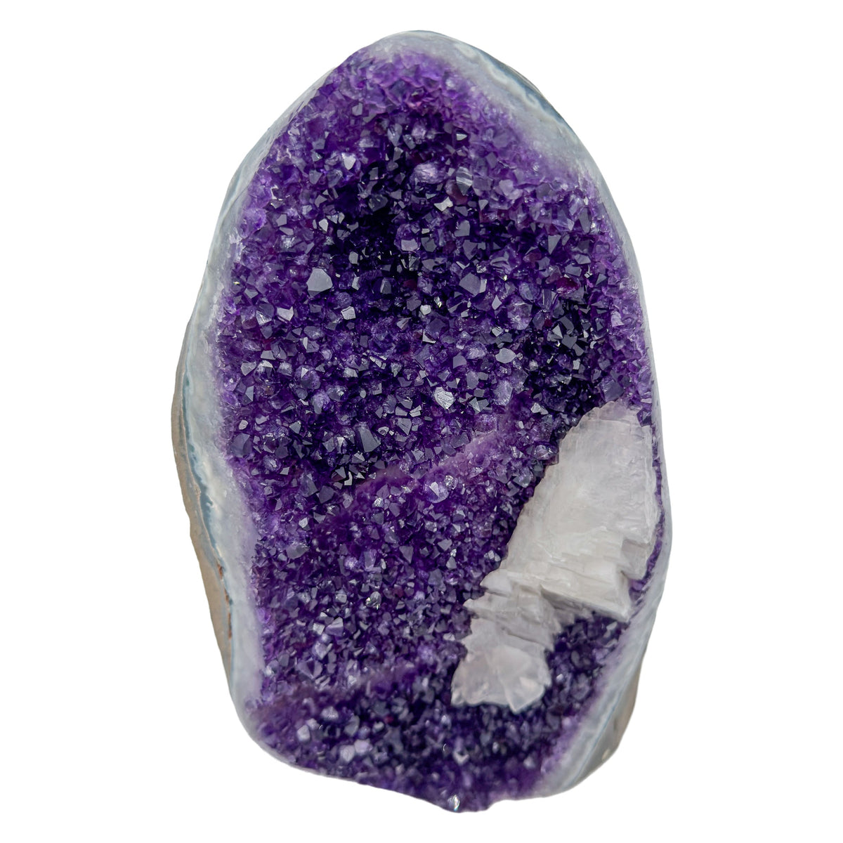 AA grade amethyst geode from Uruguay, alternate angle, a grey and tan agate shell, specimen 53.