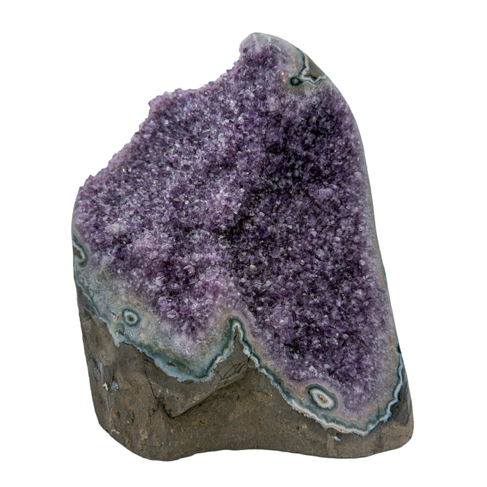 AA grade amethyst polished geode from Artigas, Uruguay, tall standing cathedral, pale lavender and silver druzy filling the interior, 7.63 x 5.67 x 9.30 in, 19.04 pounds.