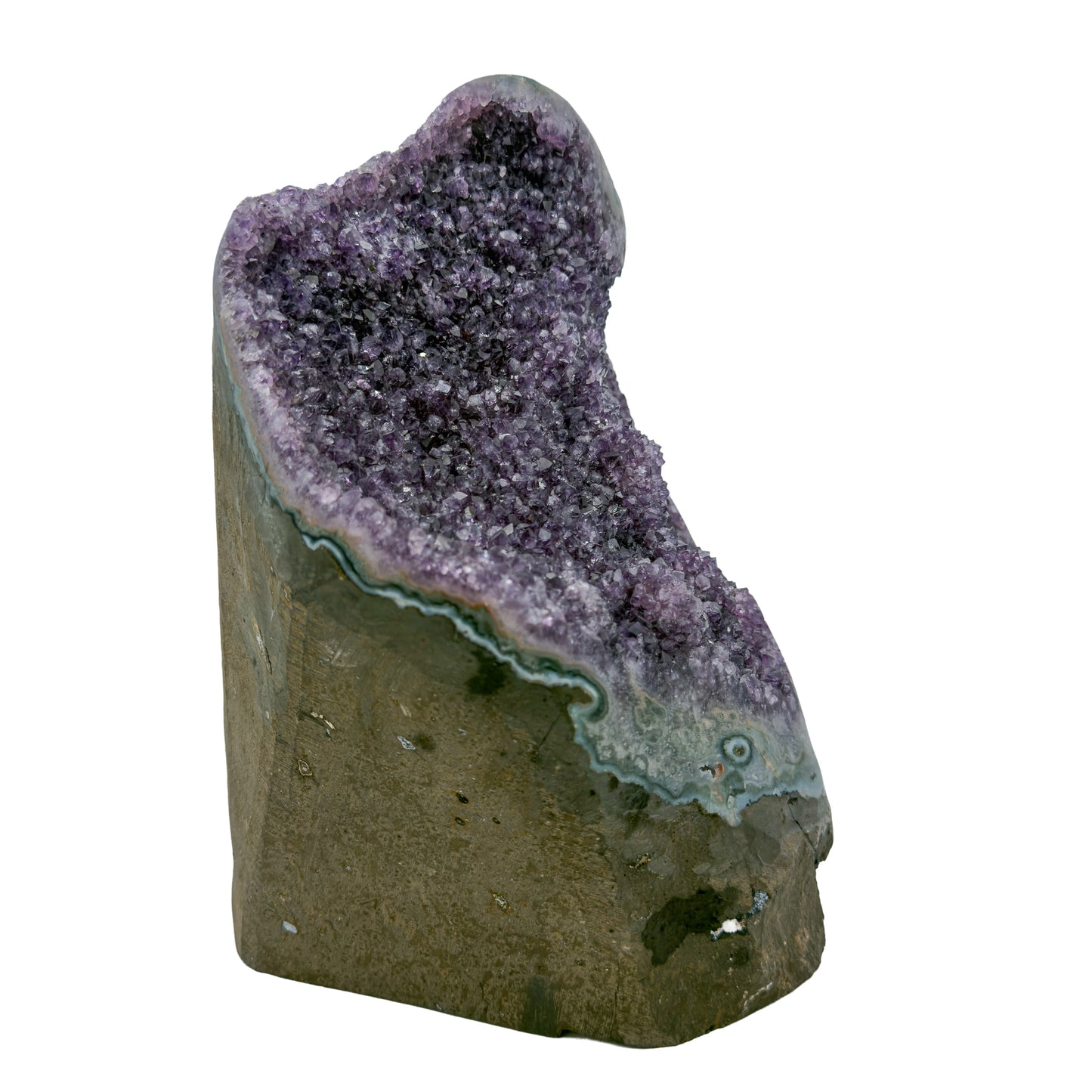 AA grade amethyst geode from Uruguay, reverse side, a thick olive-brown basalt base with teal celadonite banding, specimen 41.