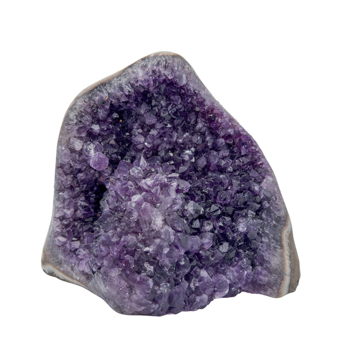 AA grade amethyst polished geode from Artigas, Uruguay, broad upright geode, mid-purple druzy across a wide interior, 8.94 x 4.92 x 8.43 in, 10.93 pounds.